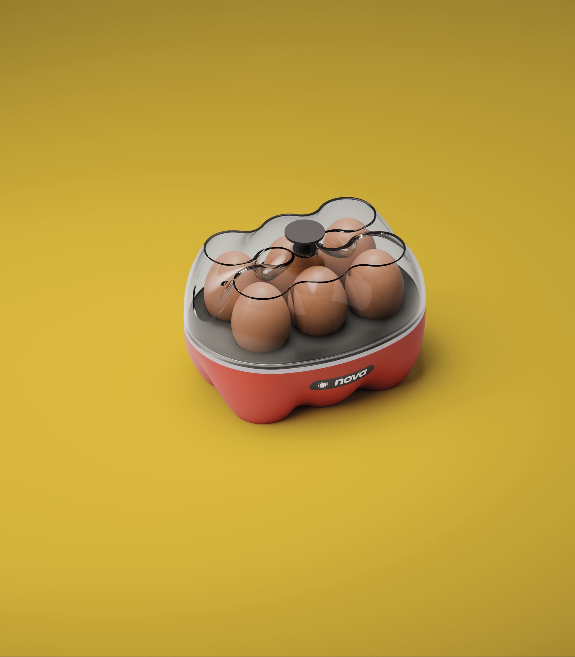 Cuociuova elettrico rosso su sfondo giallo, contenente sei uova con coperchio trasparente.