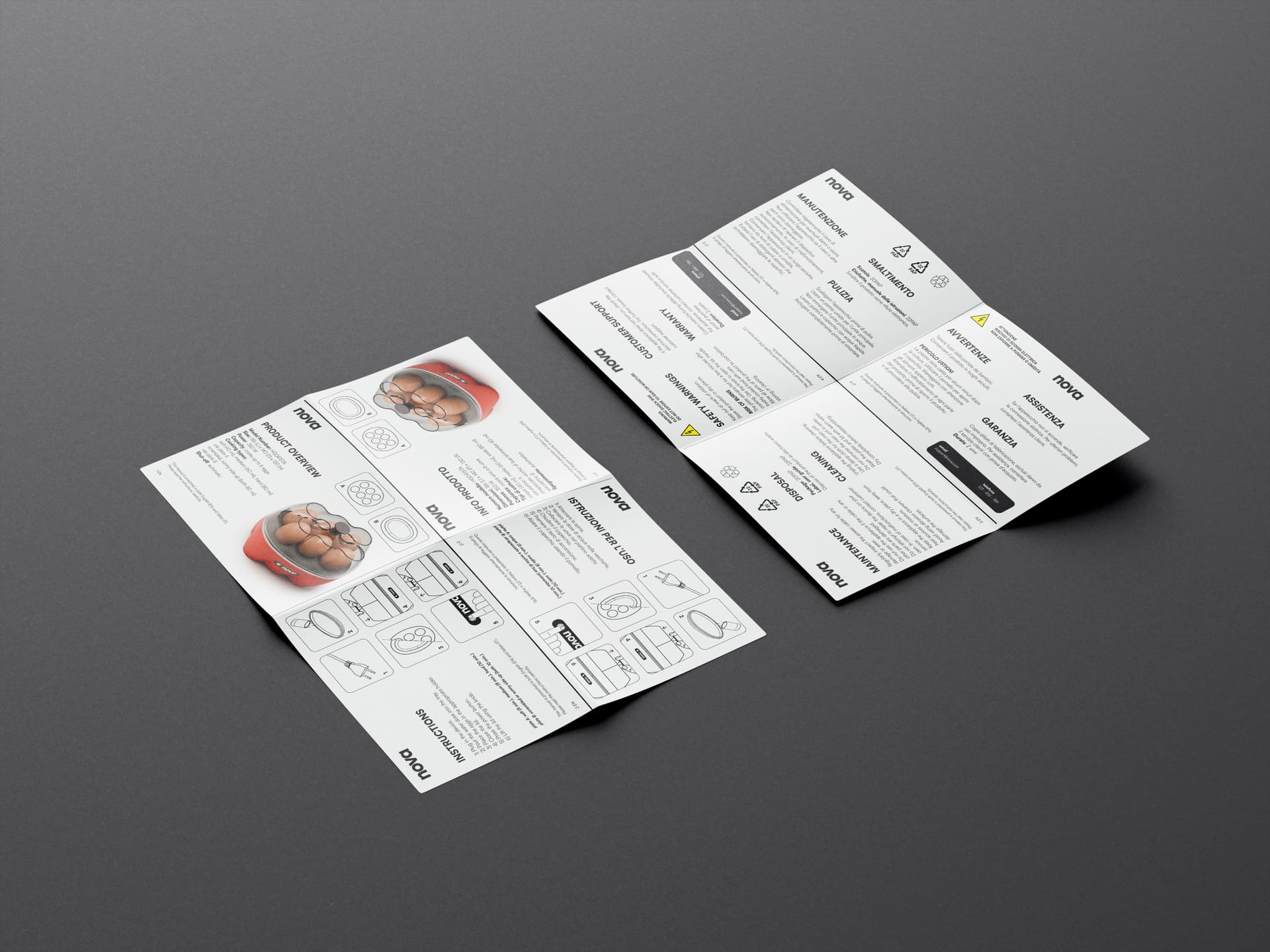 Volantini informativi su sfondo grigio scuro, istruzioni visibili per un elettrodomestico.