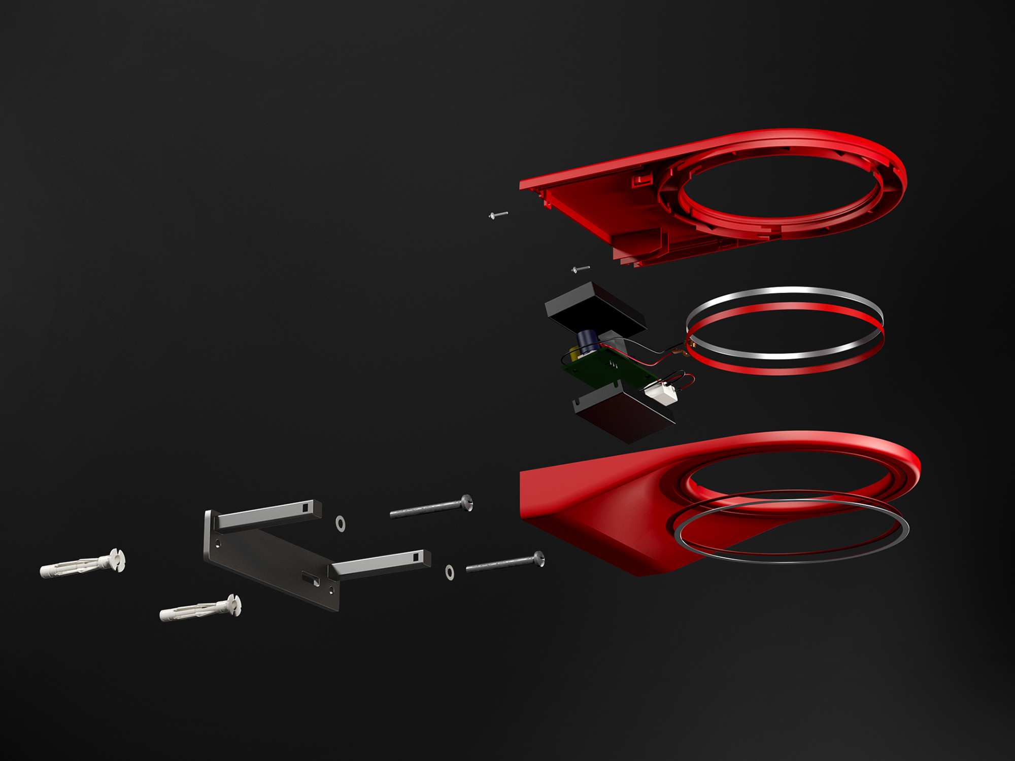 Esploso di elementi in un dispositivo tecnologico rosso su sfondo nero, mostrando varie componenti assemblate.