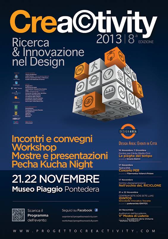 Locandina evento Creativity 2013 al Museo Piaggio Pontedera, con workshop e mostre su innovazione nel design.