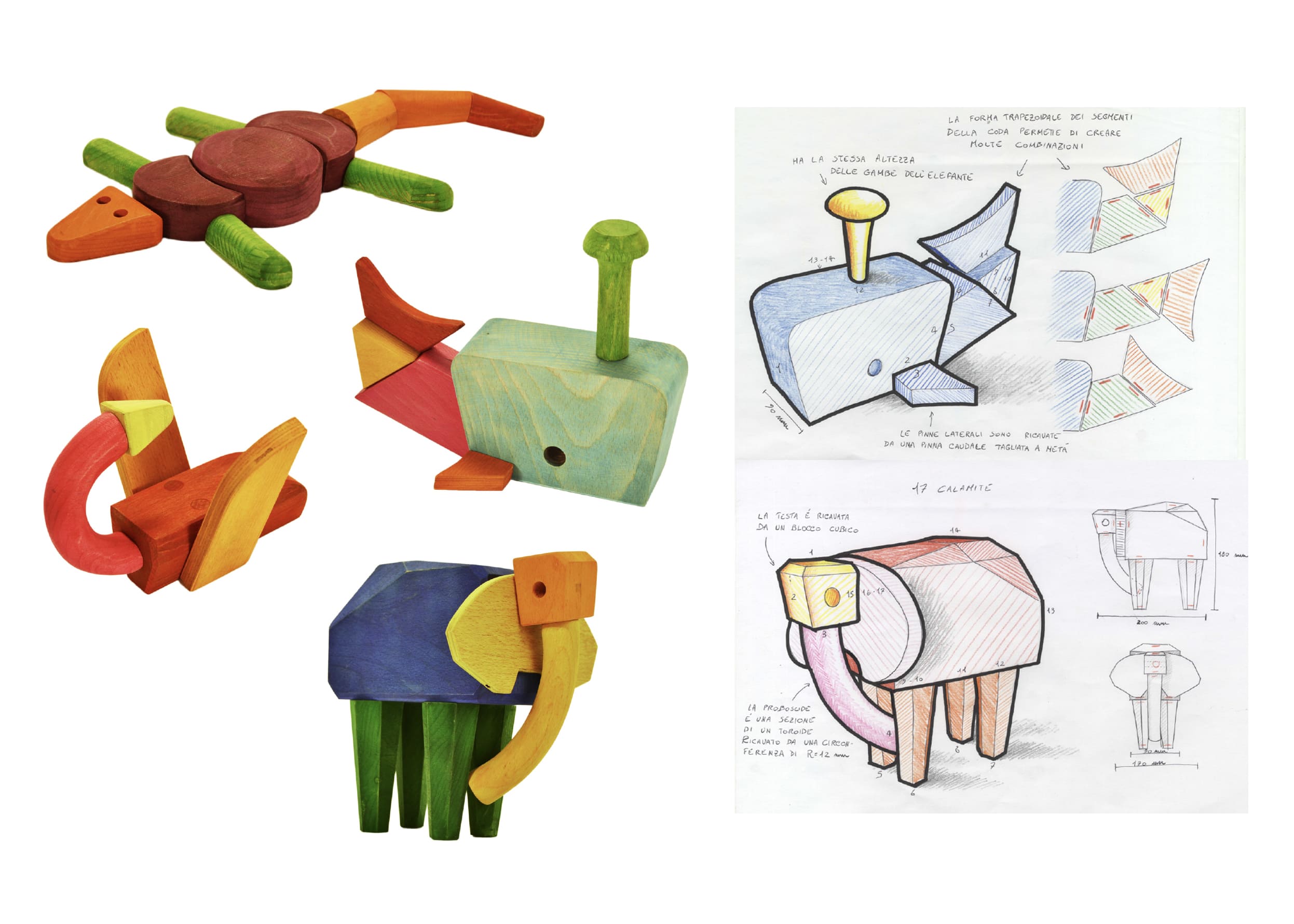 Giocattoli in legno colorati con schizzi di design accanto, raffiguranti animali stilizzati in forme geometriche.