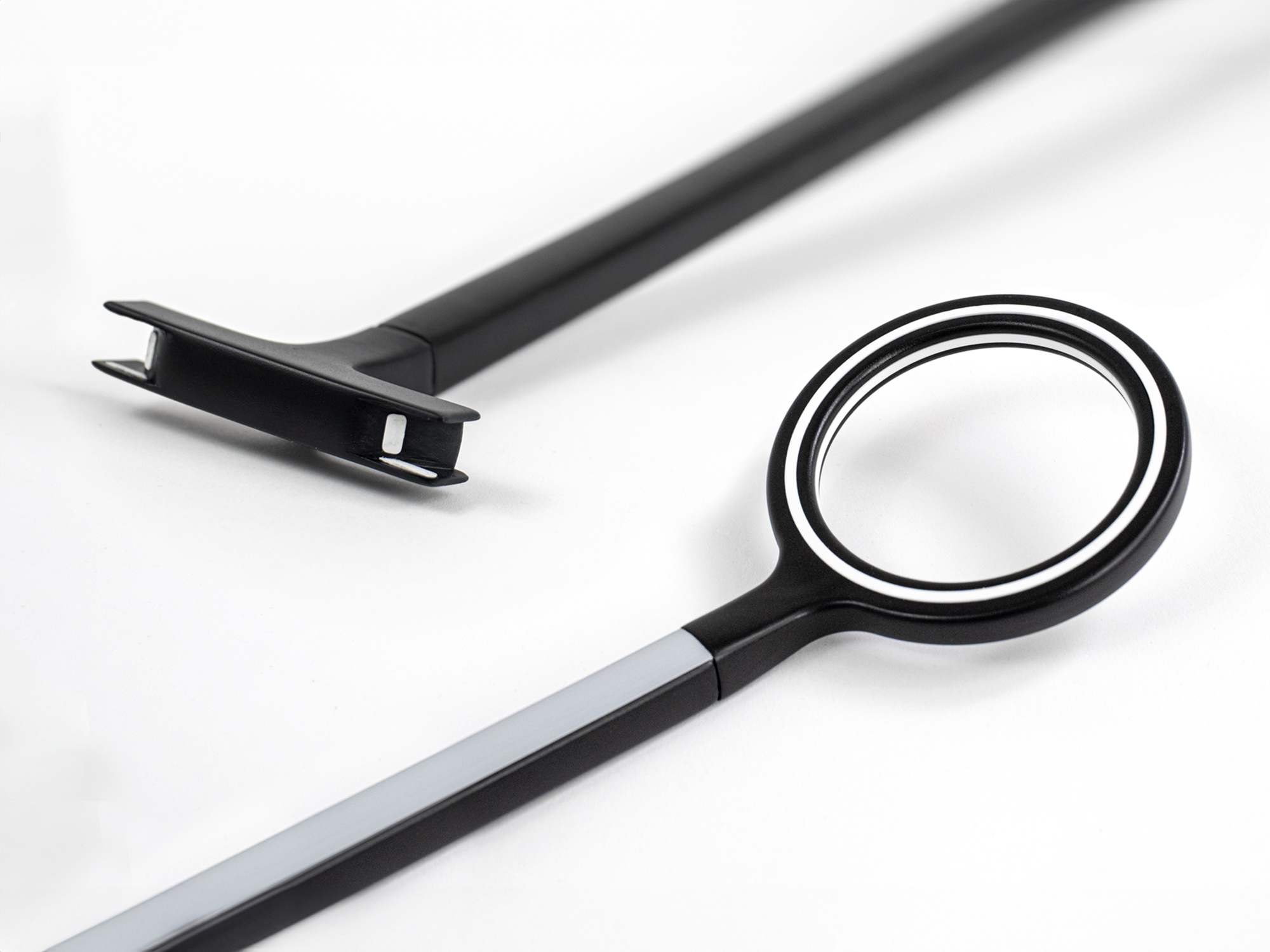 Spazzola magnetica nera e bianca su sfondo bianco, design elegante e moderno per una pulizia efficace.