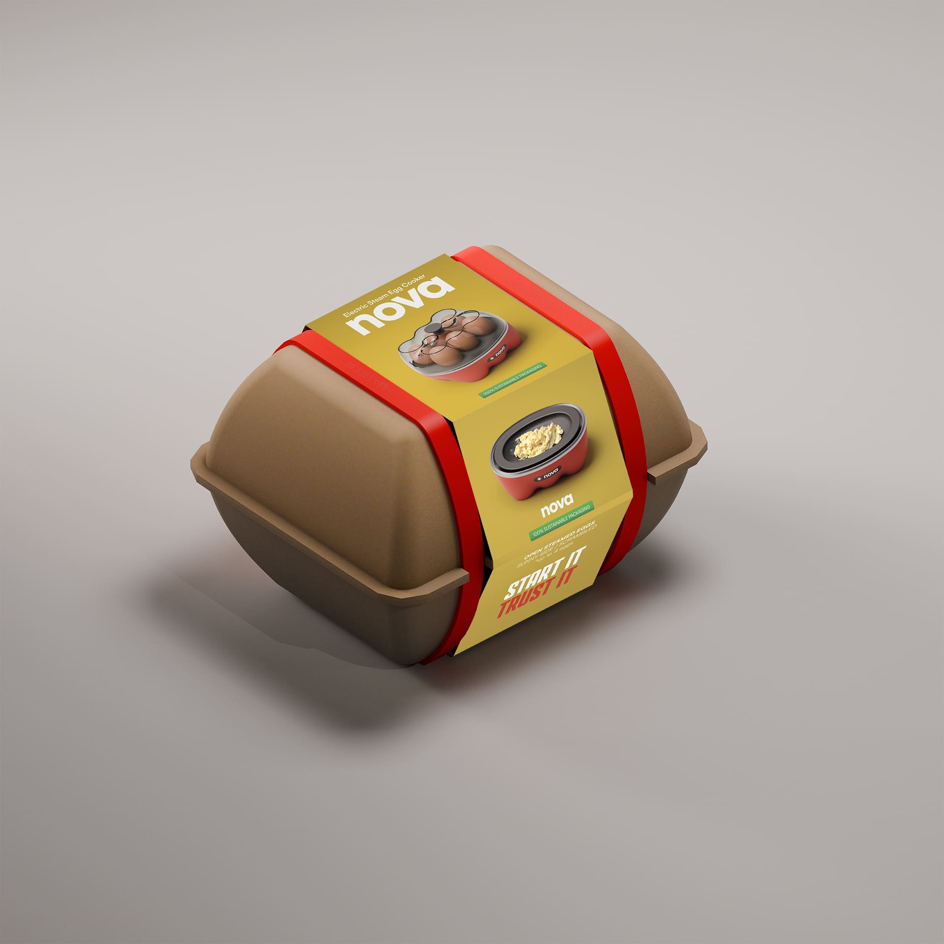 Contenitore uova marrone con confezione colorata Nova, design pratico e moderno per una conservazione sicura.