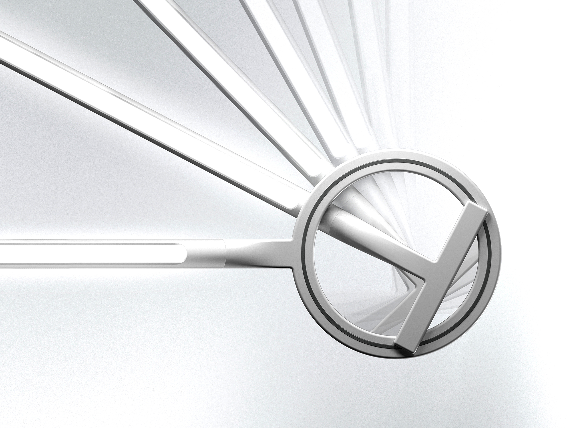 Frammenti bianchi e geometrie astratte su sfondo chiaro, con linee radiali e un cerchio simile a un'icona stilizzata.