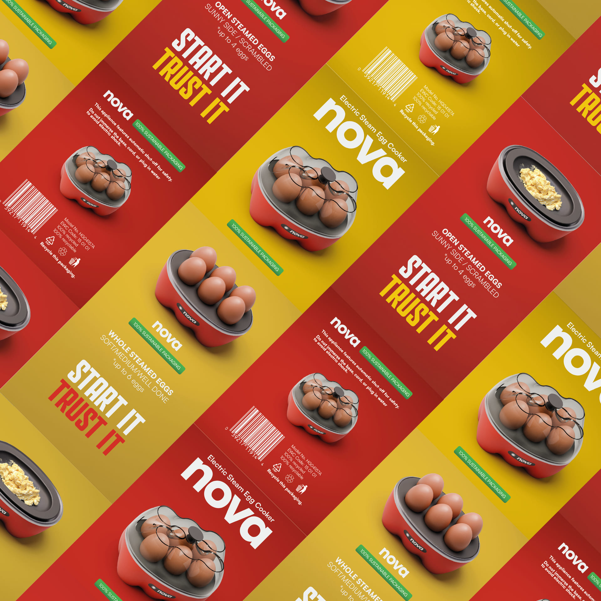 Scatole di cuociuova elettrici Nova, in colori vivaci con immagini di uova cotte e testi promozionali.