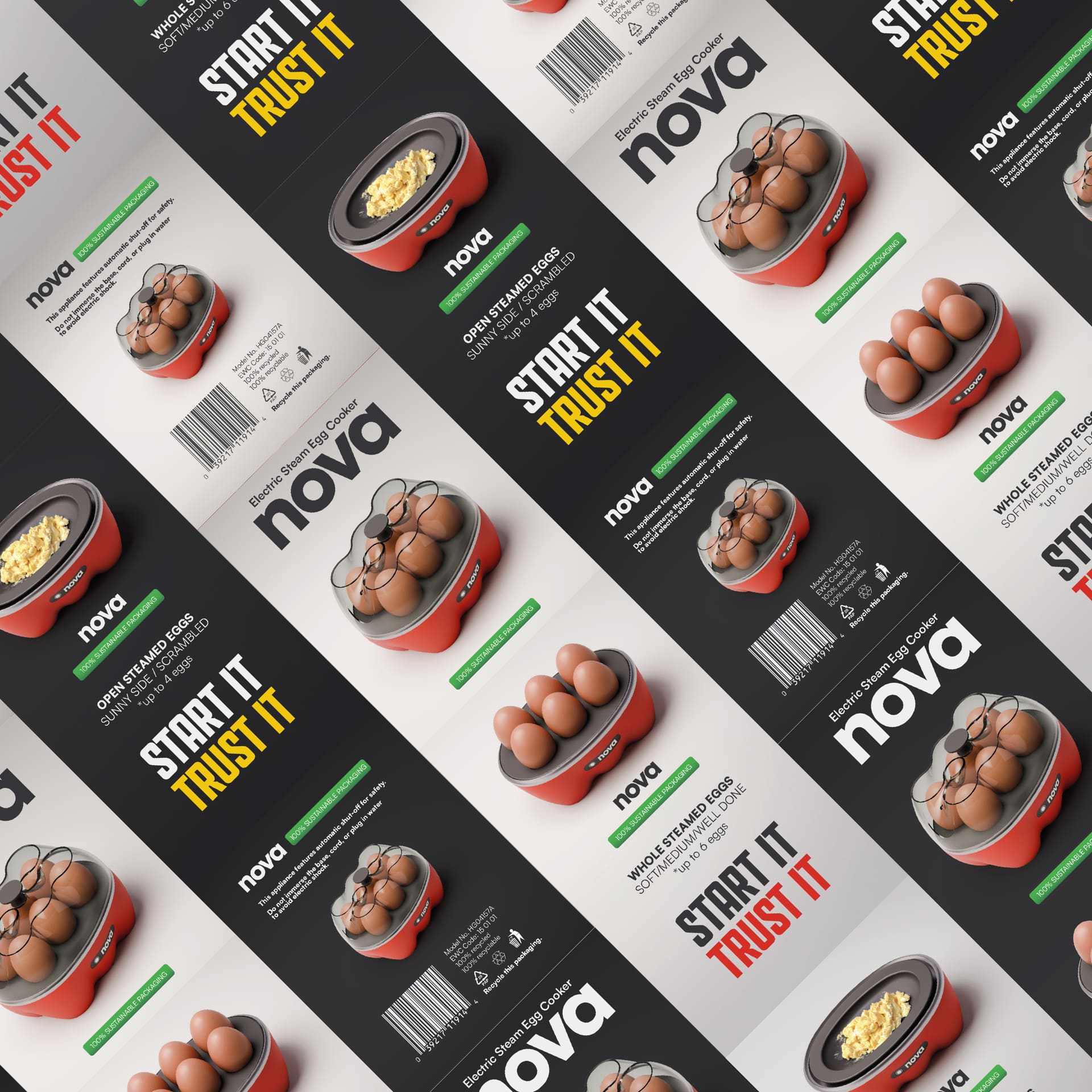 Scatole di cuocitore elettrico per uova Nova, rosso, con immagini e testo descrittivo.