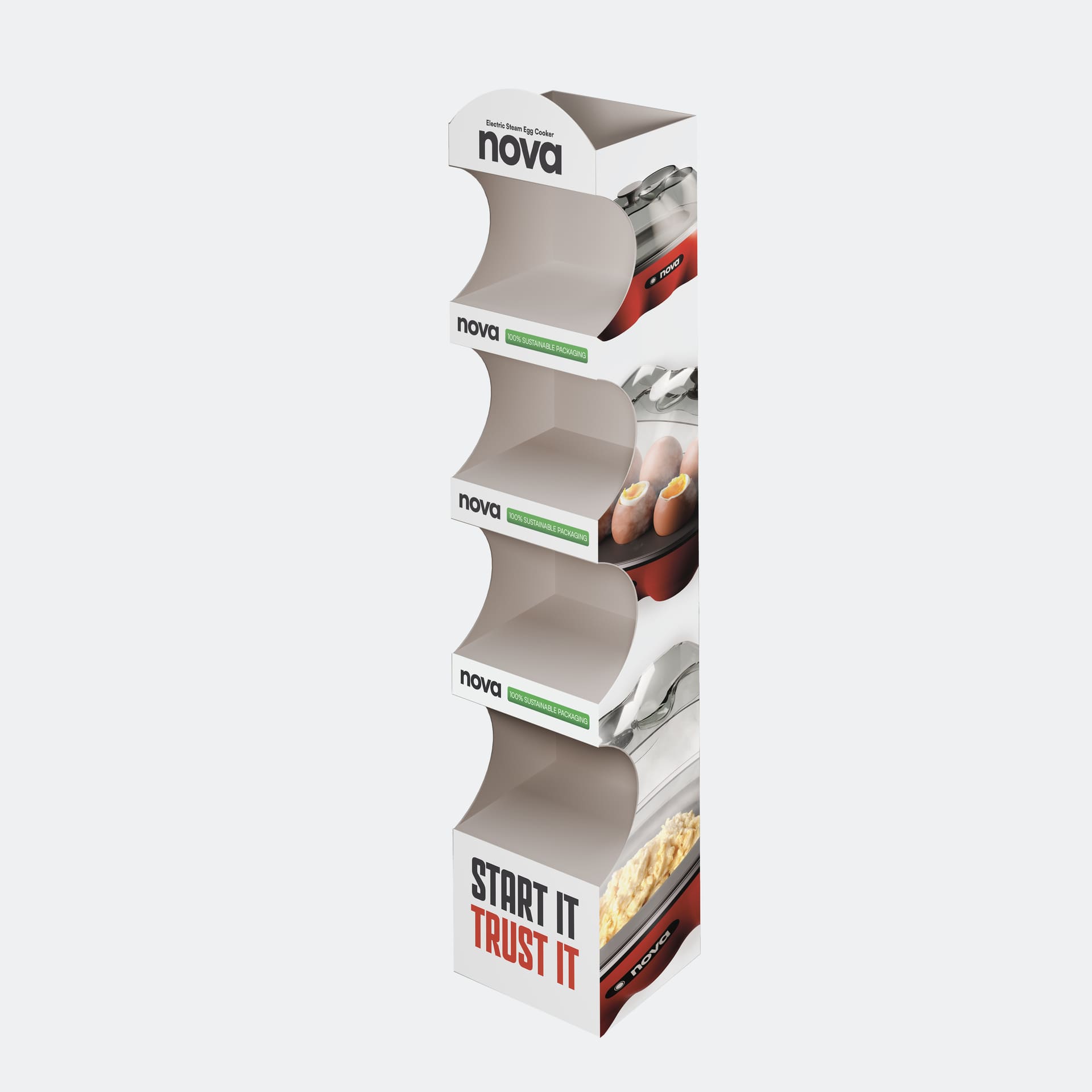 Espositore vuoto Nova con immagini di uova sode, slogan Start it, Trust it, materiale sostenibile.