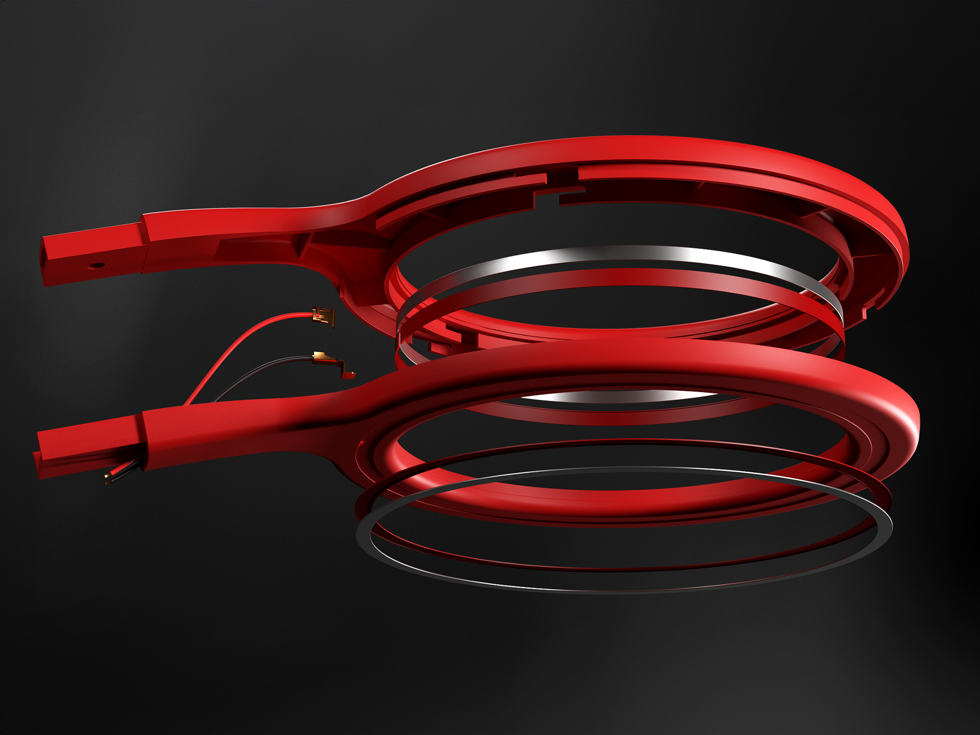 Struttura elicoidale rossa e nera in un design moderno su sfondo nero.