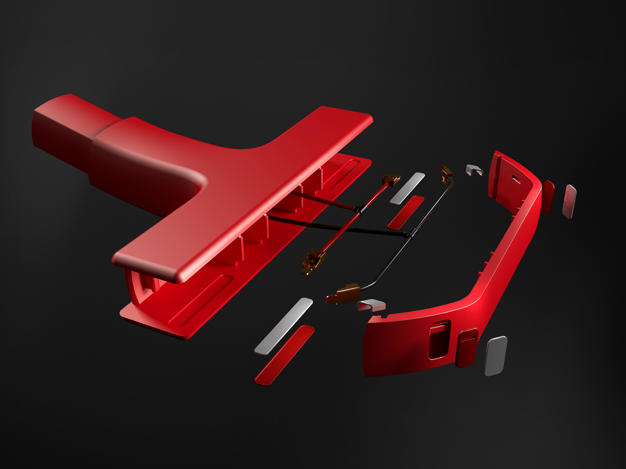 Rendering 3D di componenti rossi smontati su sfondo nero, visualizzati in prospettiva.