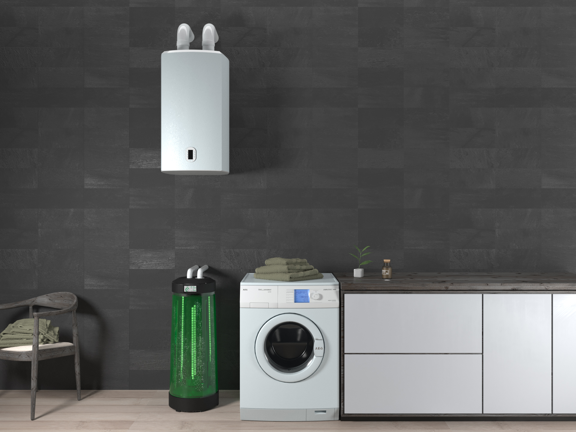 Locale moderno con lavatrice, scaldabagno e purificatore verde acceso, arredamento minimalista su sfondo scuro.
