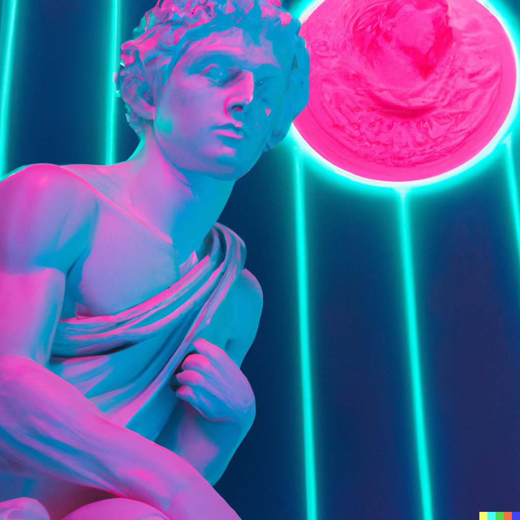 Statua classica in tonalità neon blu e rosa con sfondo con luci futuristiche.