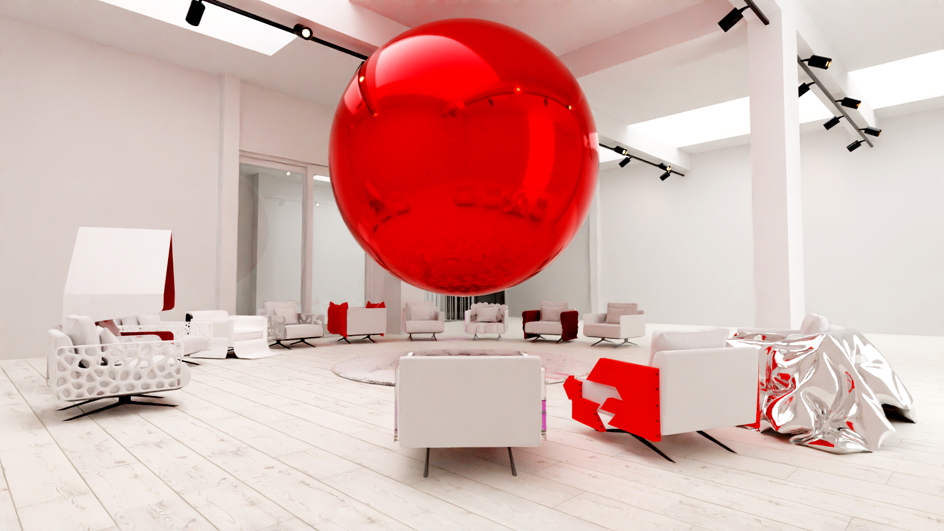 Sala moderna con grande sfera rossa sospesa, circondata da mobili dal design innovativo su parquet chiaro.