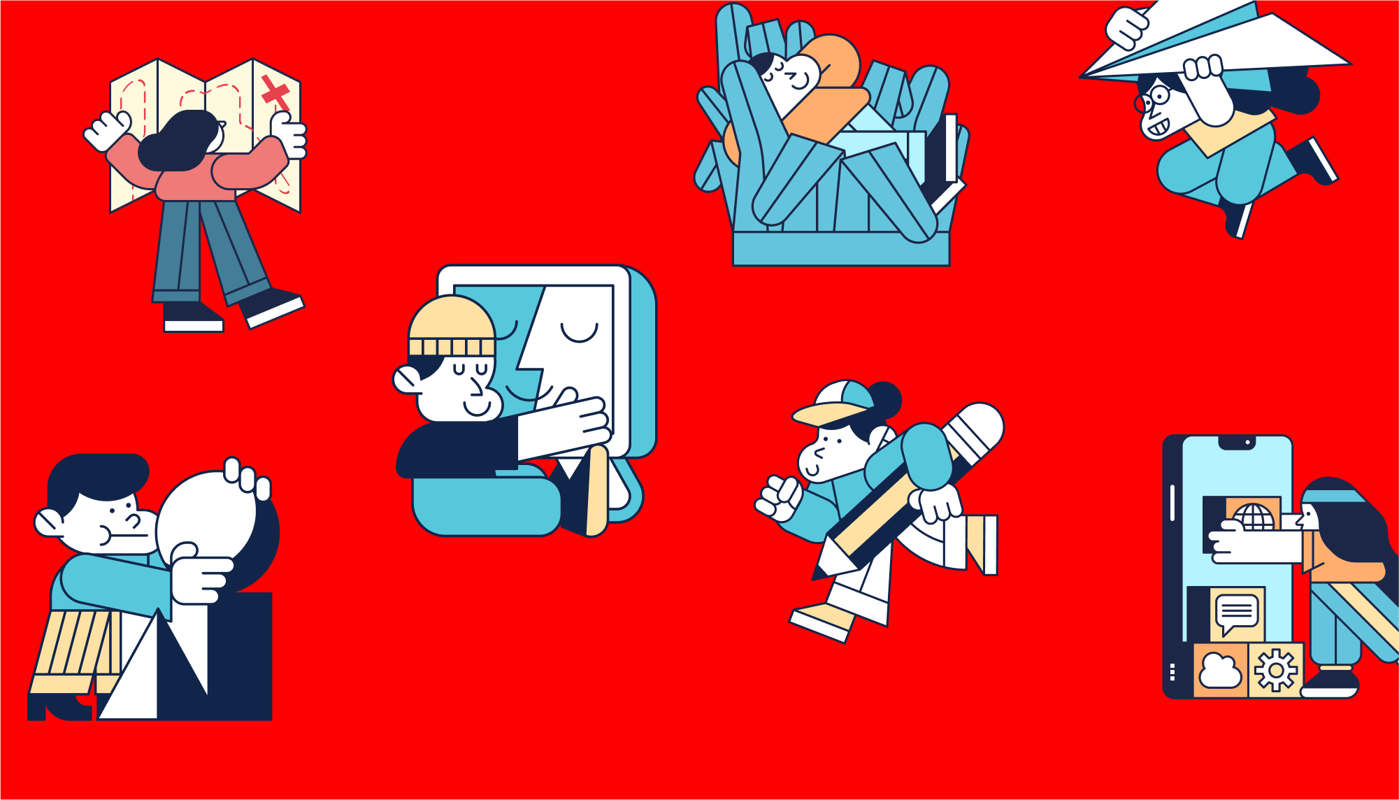 Illustrazione di personaggi stilizzati che interagiscono con mappe, libri, dispositivi e strumenti creativi su sfondo rosso.