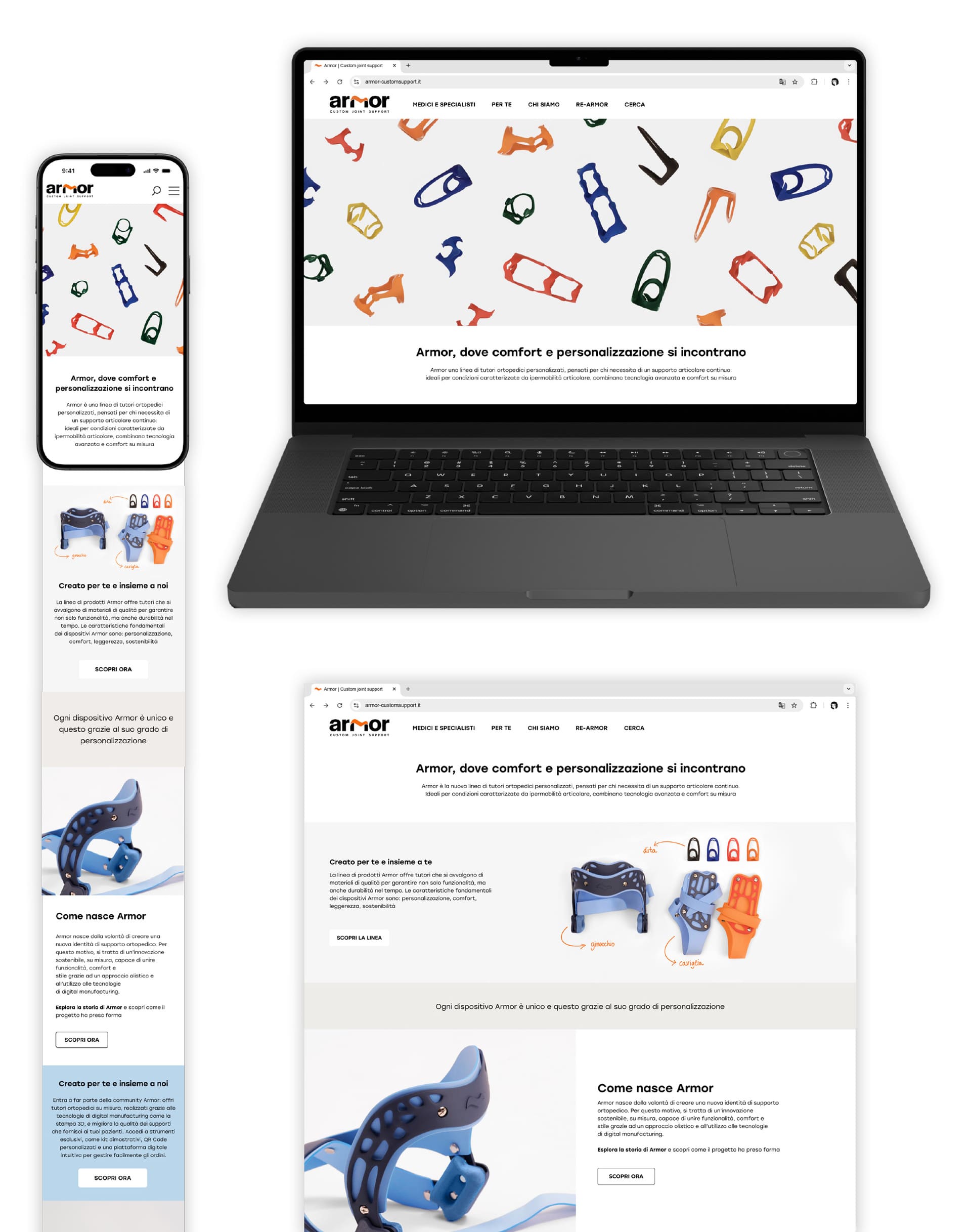 Design responsivo di un sito web su laptop e smartphone, con il tema Armor: comfort e personalizzazione.