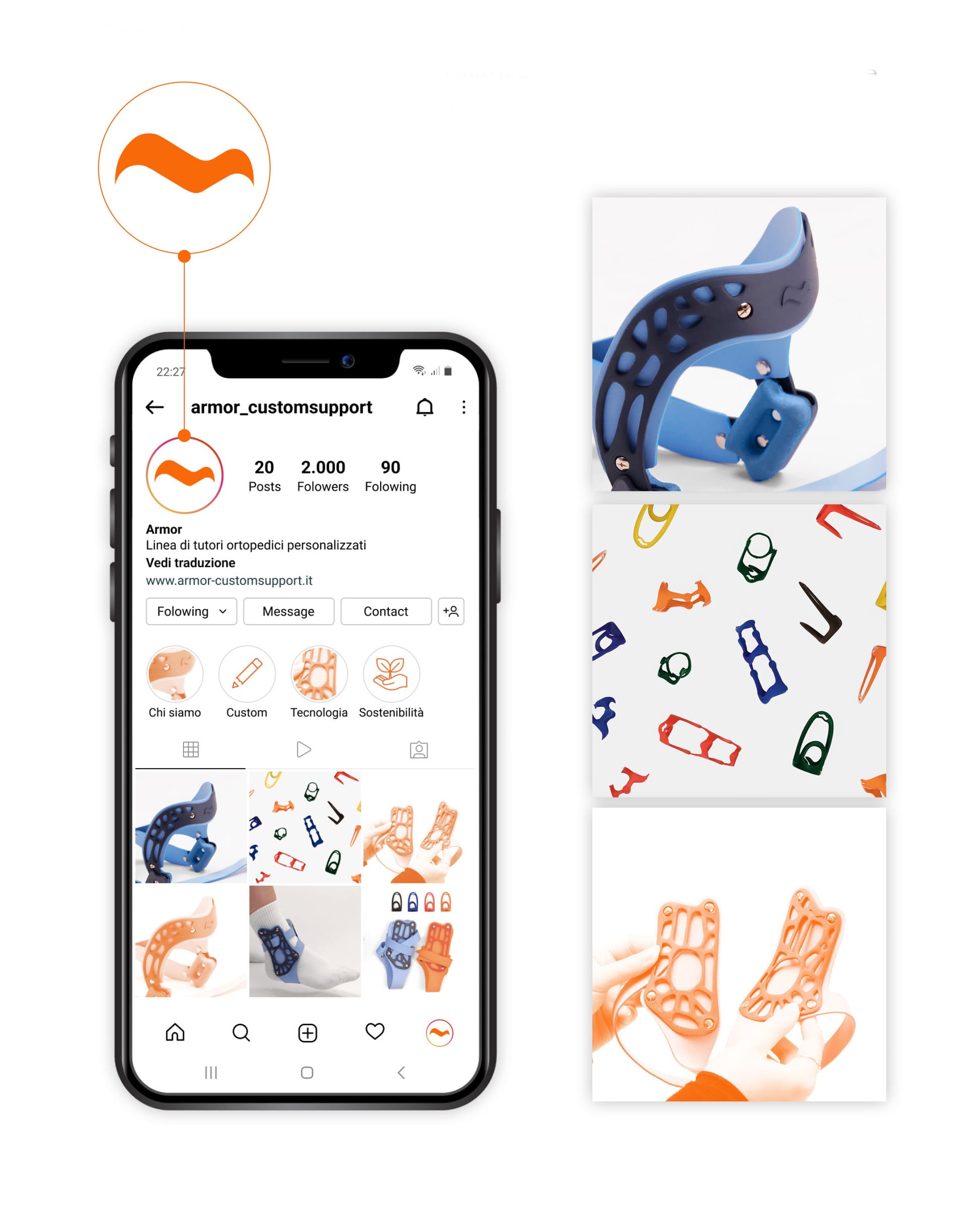 Schermata Instagram di un'azienda di tutori ortopedici personalizzati con esempi colorati di prodotti.