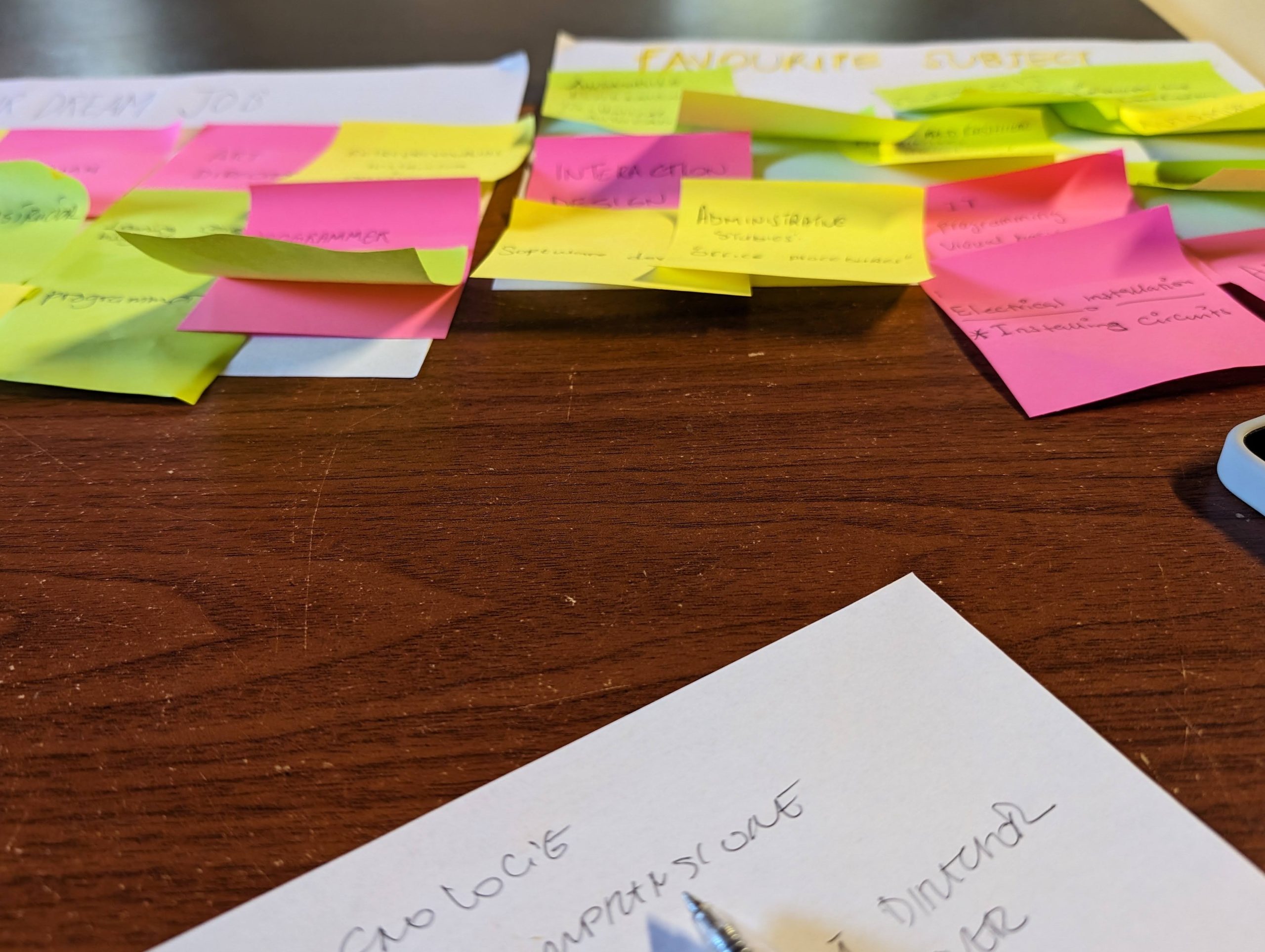 Note adesive colorate su un tavolo di legno, usate per il brainstorming di idee e organizzazione del lavoro.