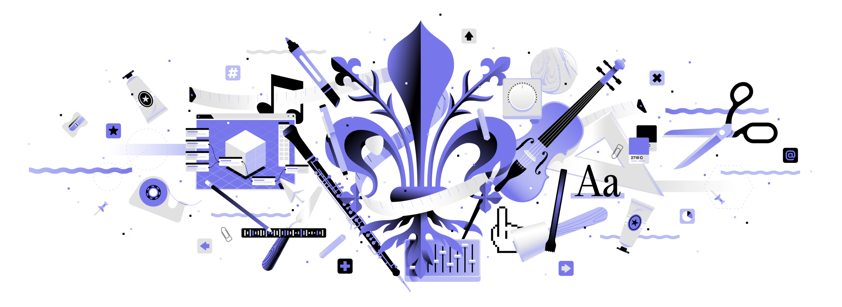 Illustrazione creativa con strumenti di grafica, musica e design intorno a un giglio stilizzato al centro.