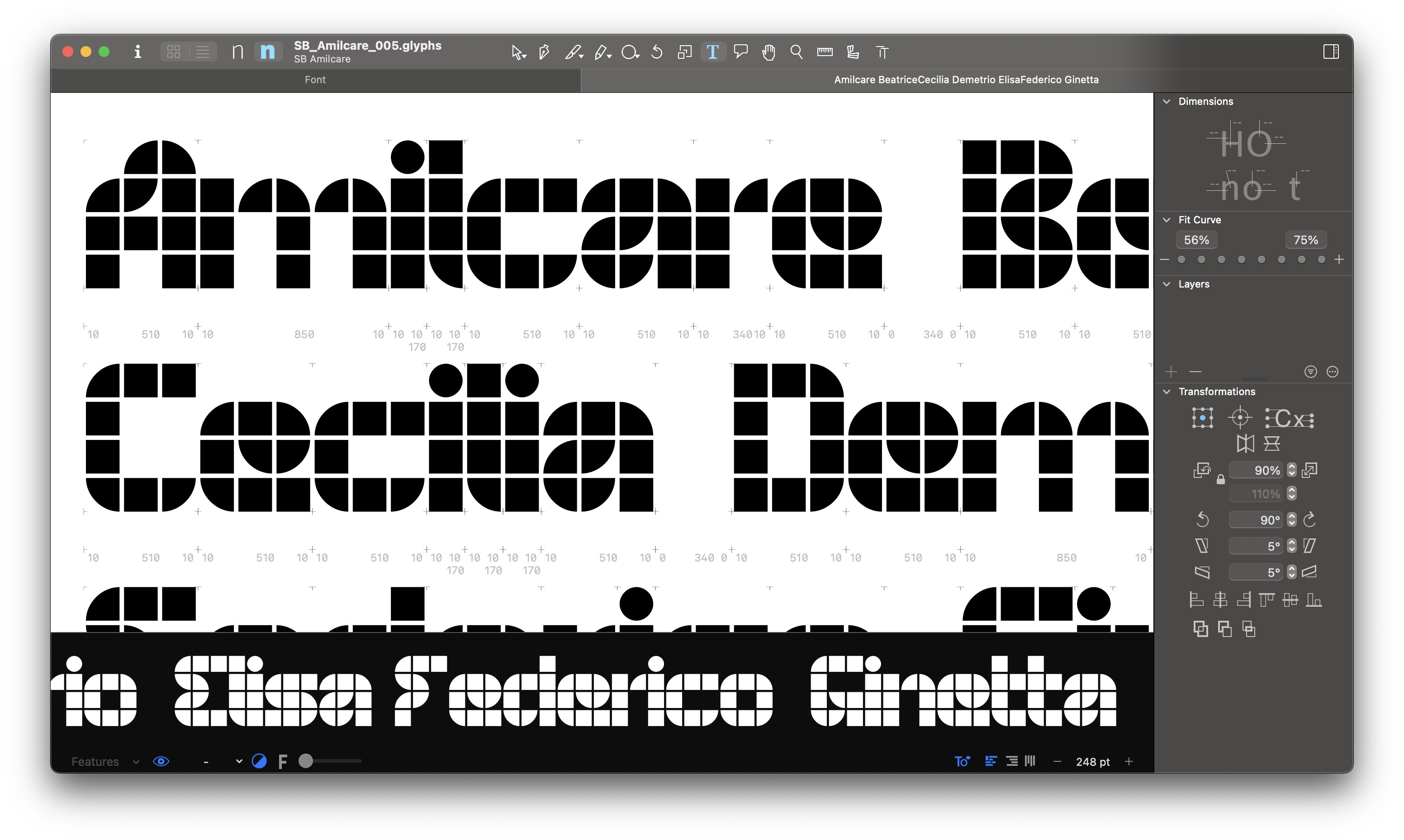 Interfaccia software editor di font mostra caratteri geometrici, strumenti e opzioni di modifica.