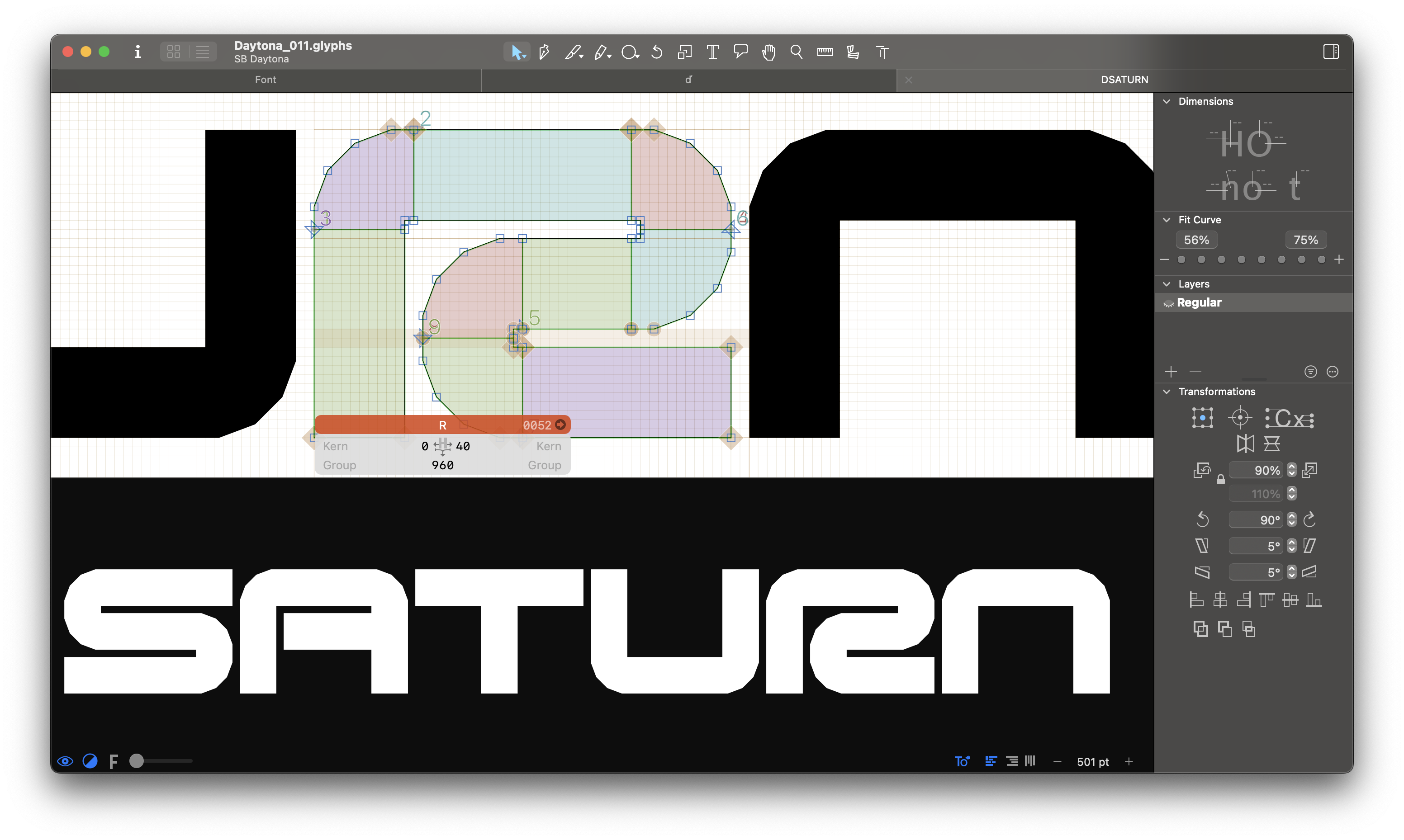 Interfaccia di editing font con la parola SATURN stilizzata su sfondo nero.