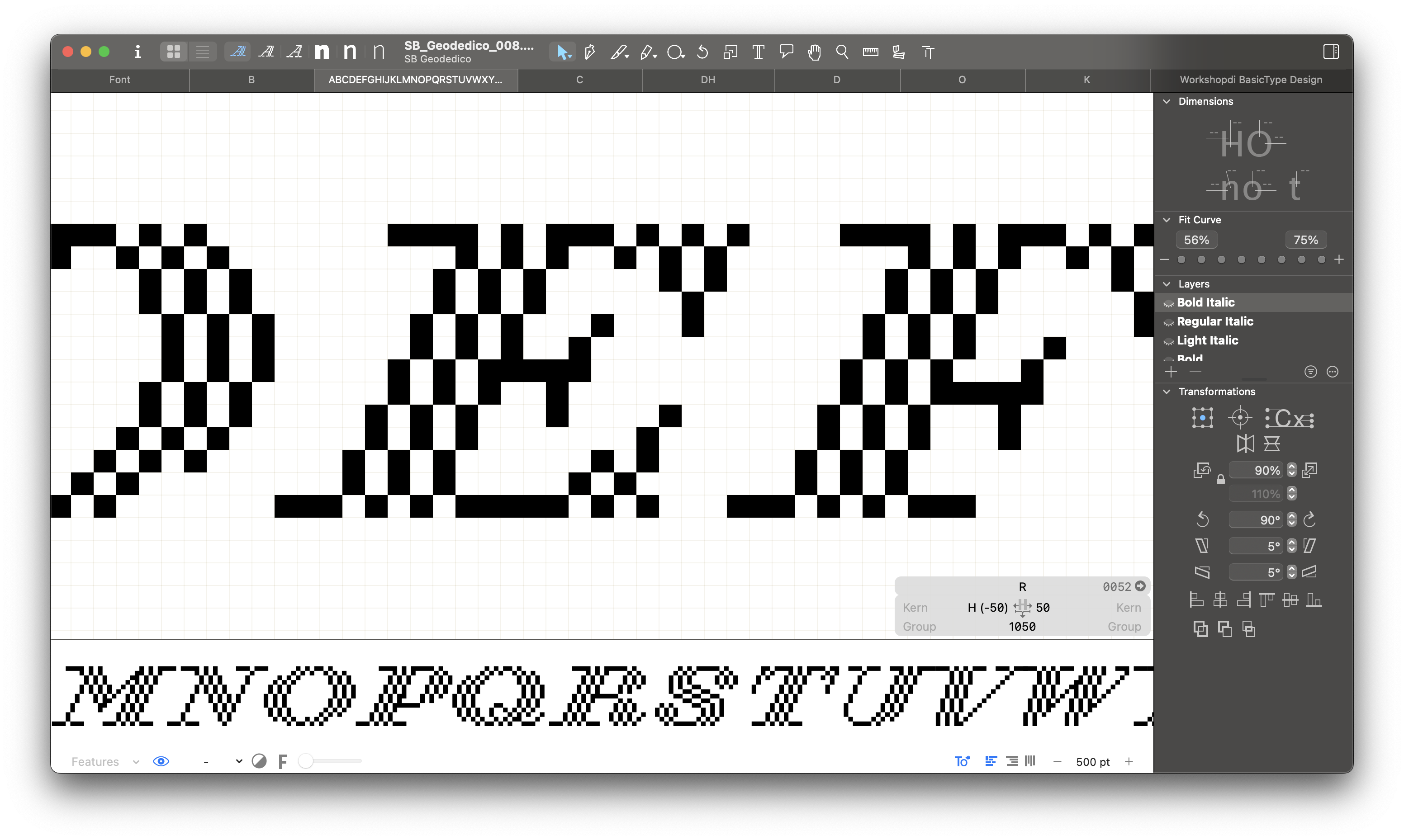 Disegno di un carattere pixelato su griglia, con dettagli tipografici e opzioni di modifica a destra.