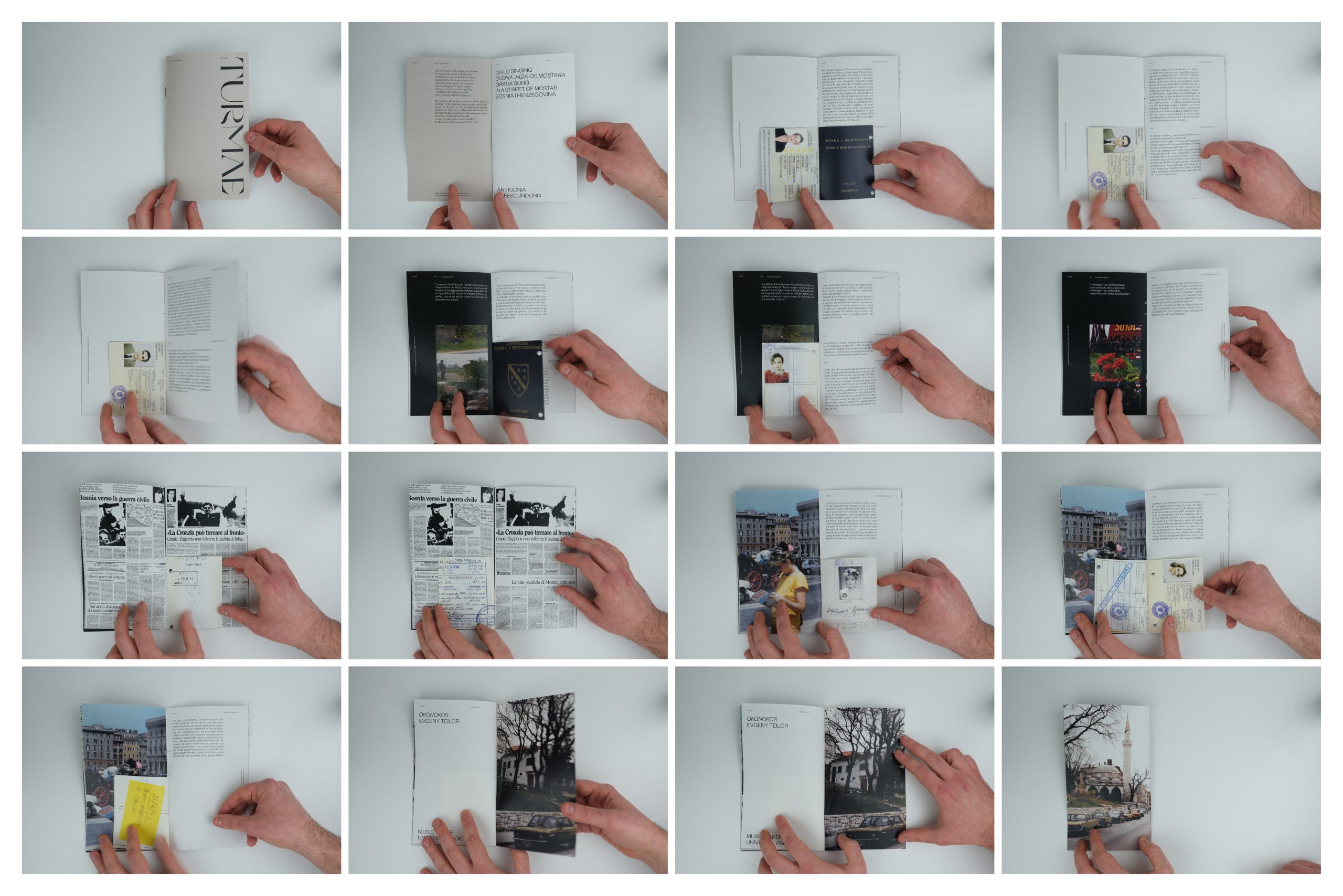 Serie di immagini di mani che sfogliano un libro fotografico con varie pagine e immagini tematiche.
