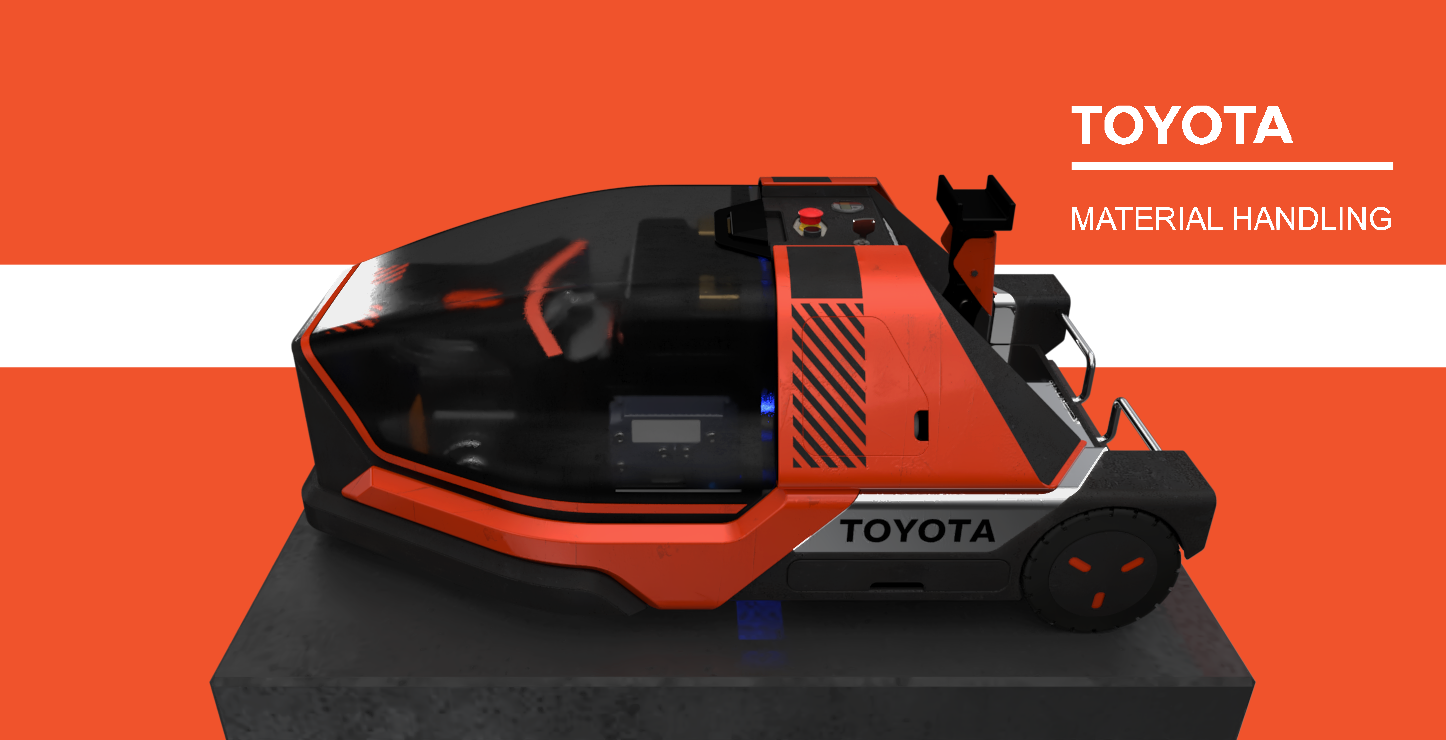 Carrello Toyota per la movimentazione dei materiali su sfondo arancione, design moderno ed efficiente.