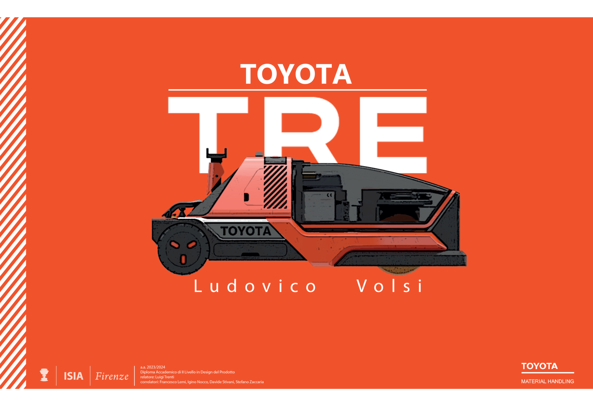 Illustrazione di un veicolo Toyota TRE su sfondo arancione, design Ludovico Volsi per ISIA Firenze.