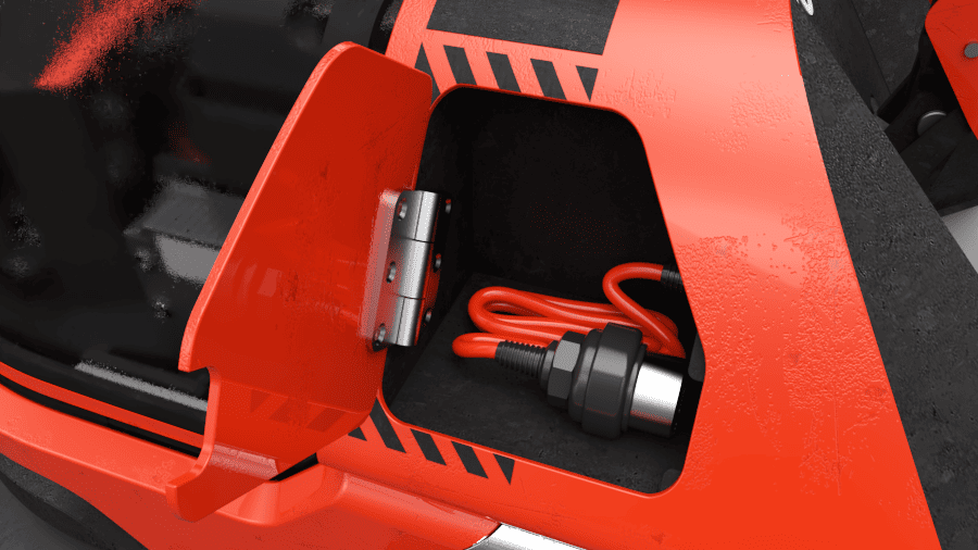 Sportello aperto con cavo arancione all'interno di un veicolo elettrico rosso, dettagli neri e arancioni.