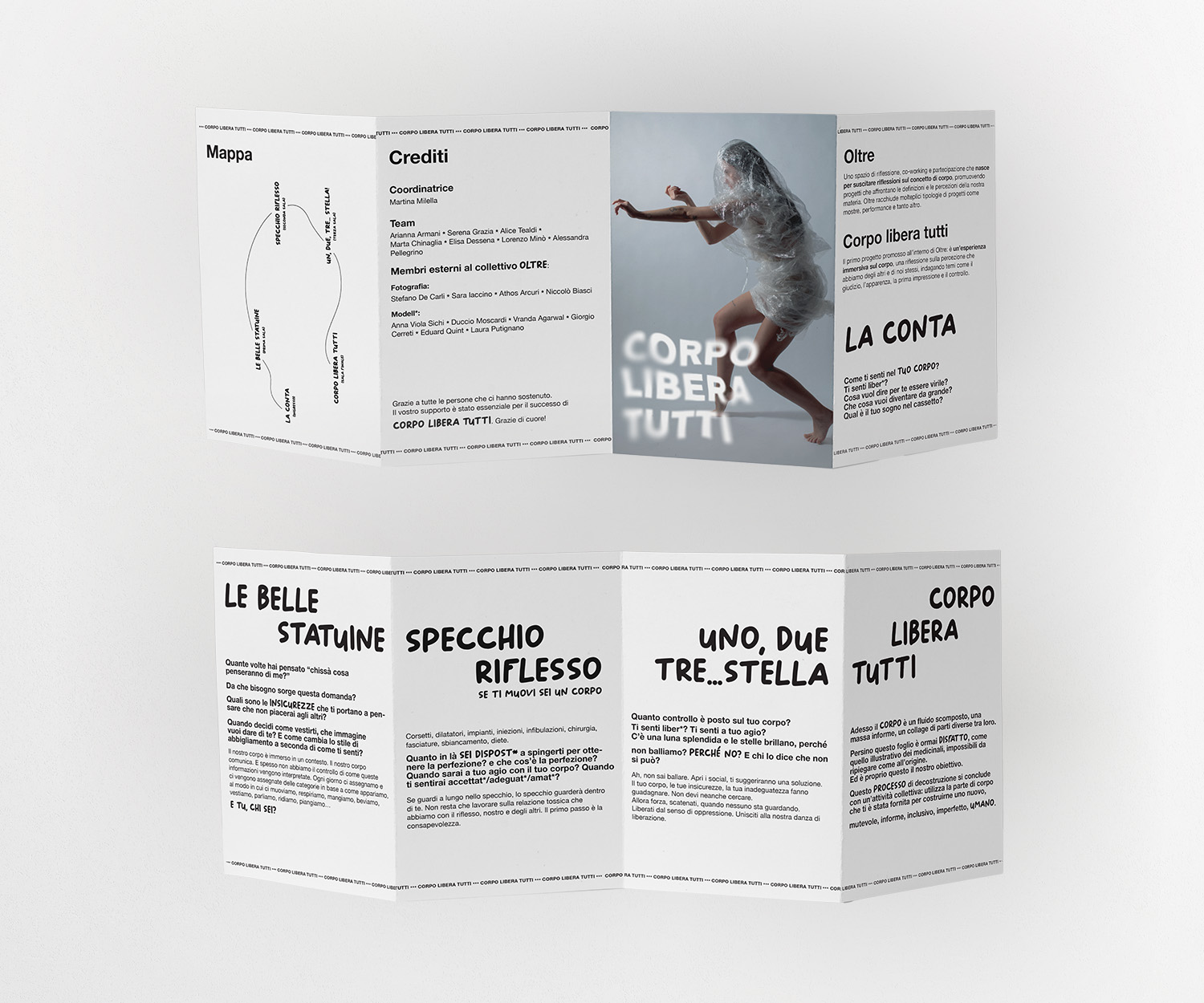 Piega di un depliant intitolato Corpo Libera Tutti, con testi informativi e immagini artistiche.