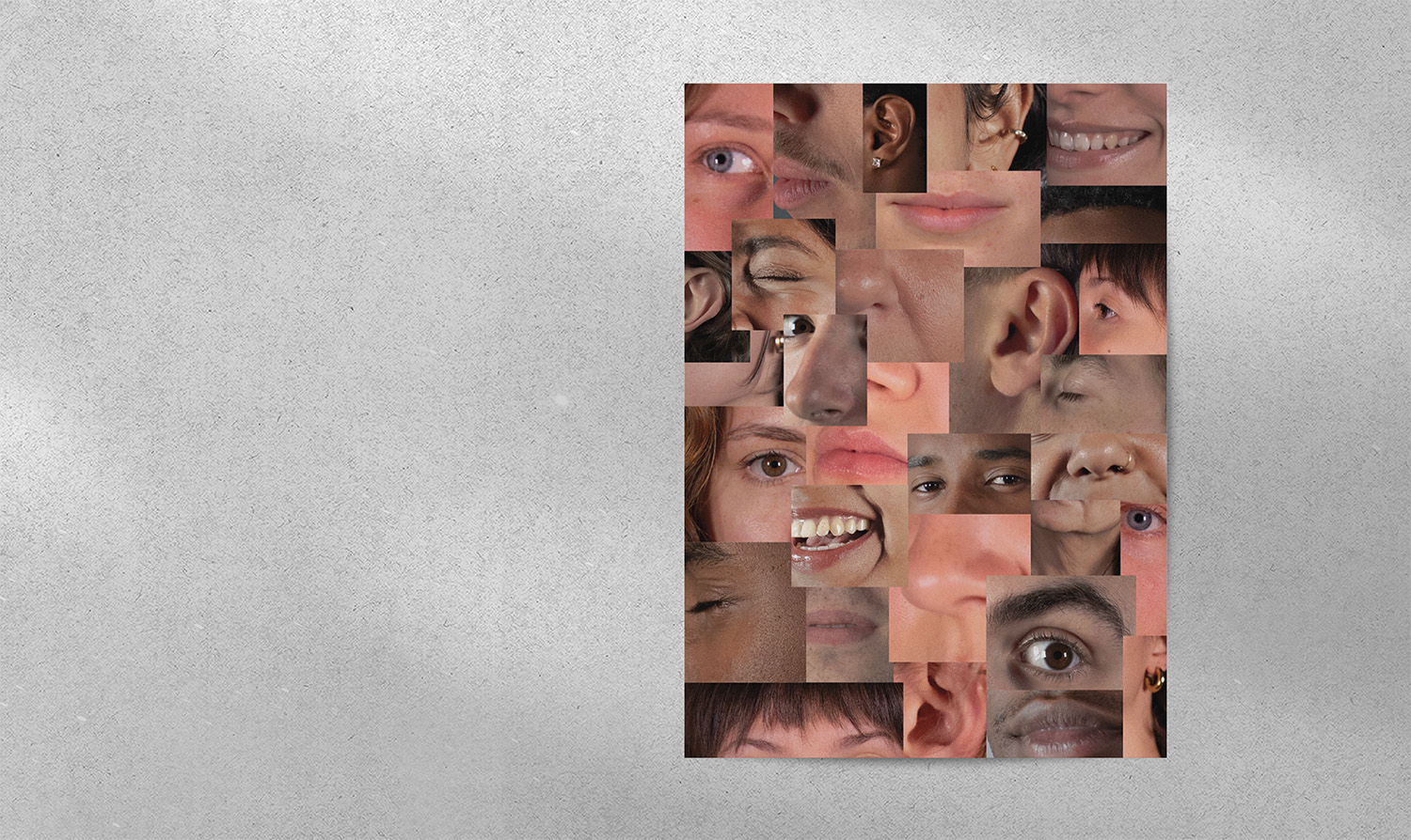 Collage di dettagli facciali umani su sfondo grigio, evidenziando diversità e espressioni uniche.