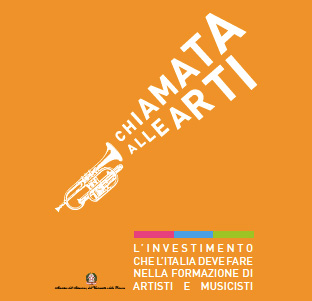 Manifesto promuove l'investimento in formazione artisti e musicisti in Italia, con tromba stilizzata e testo motivazionale.