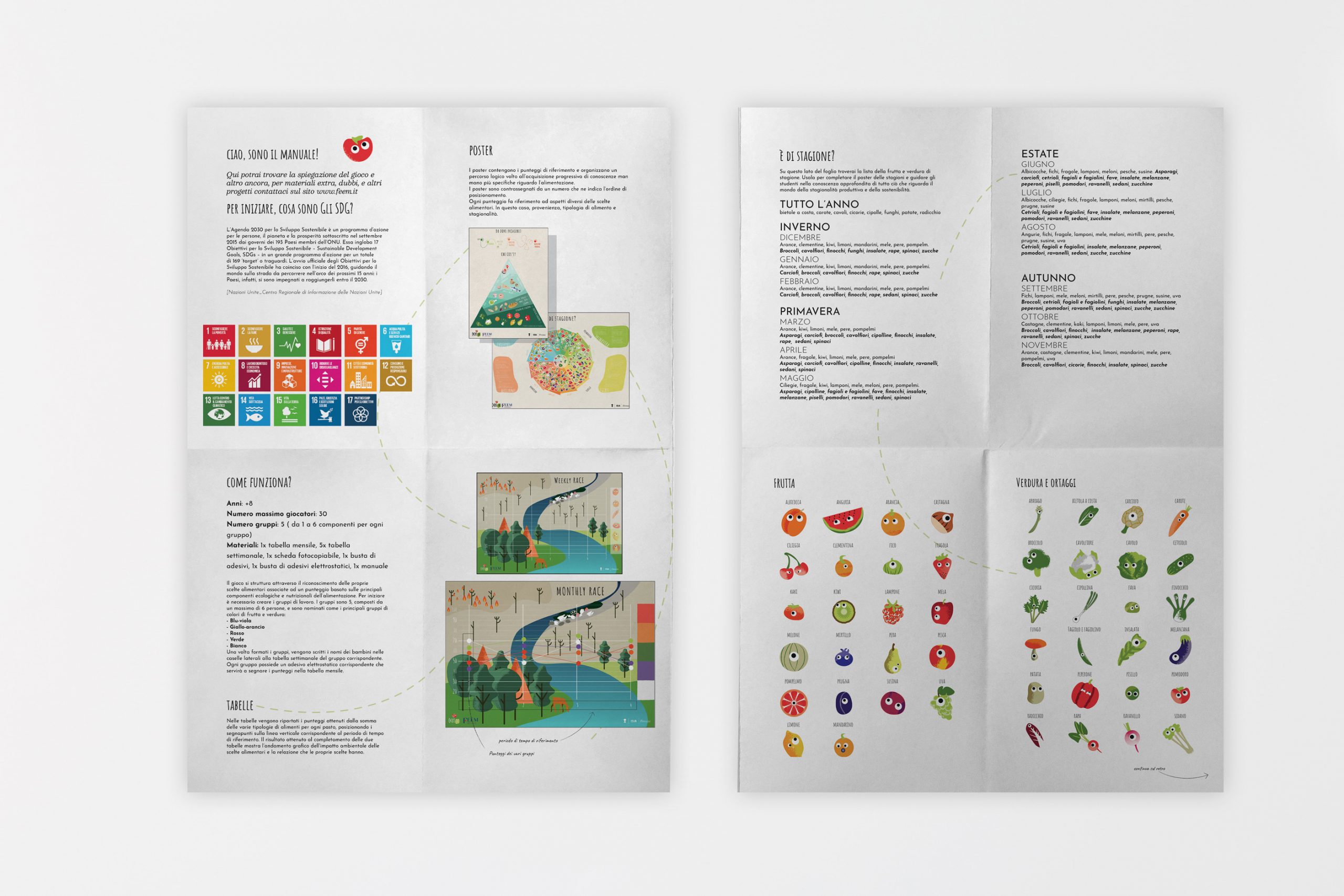 Manuale con informazioni su stagionalità frutta e verdura, poster illustrati e dettagli su come funziona.