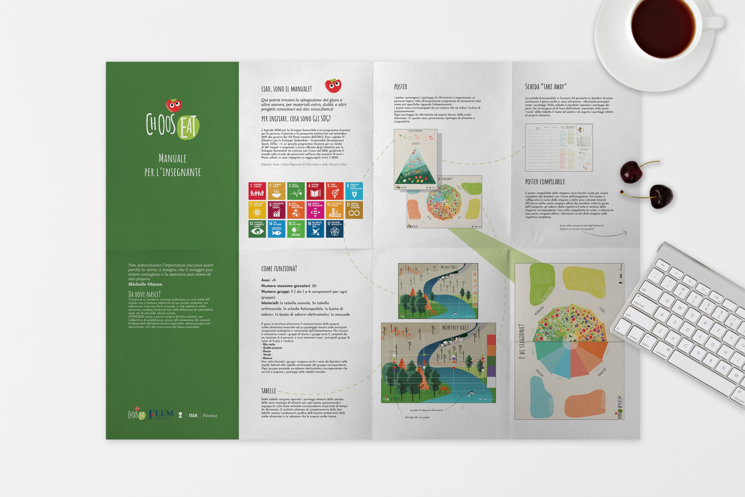 Manuale Choose Eat su tavolo con tazza caffè, tastiera e ciliegie; infografiche e icone degli obiettivi di sviluppo sostenibile.