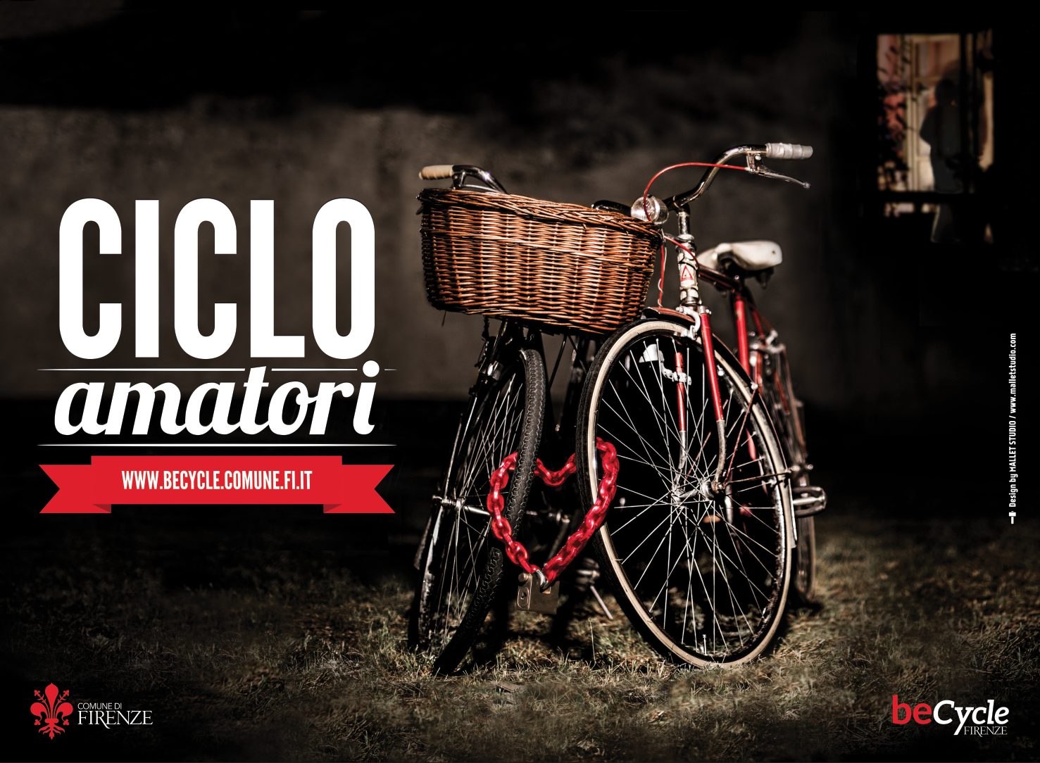 Bicicletta con cesto in vimini e catena rossa, promozione cicloamatori di beCycle Firenze.