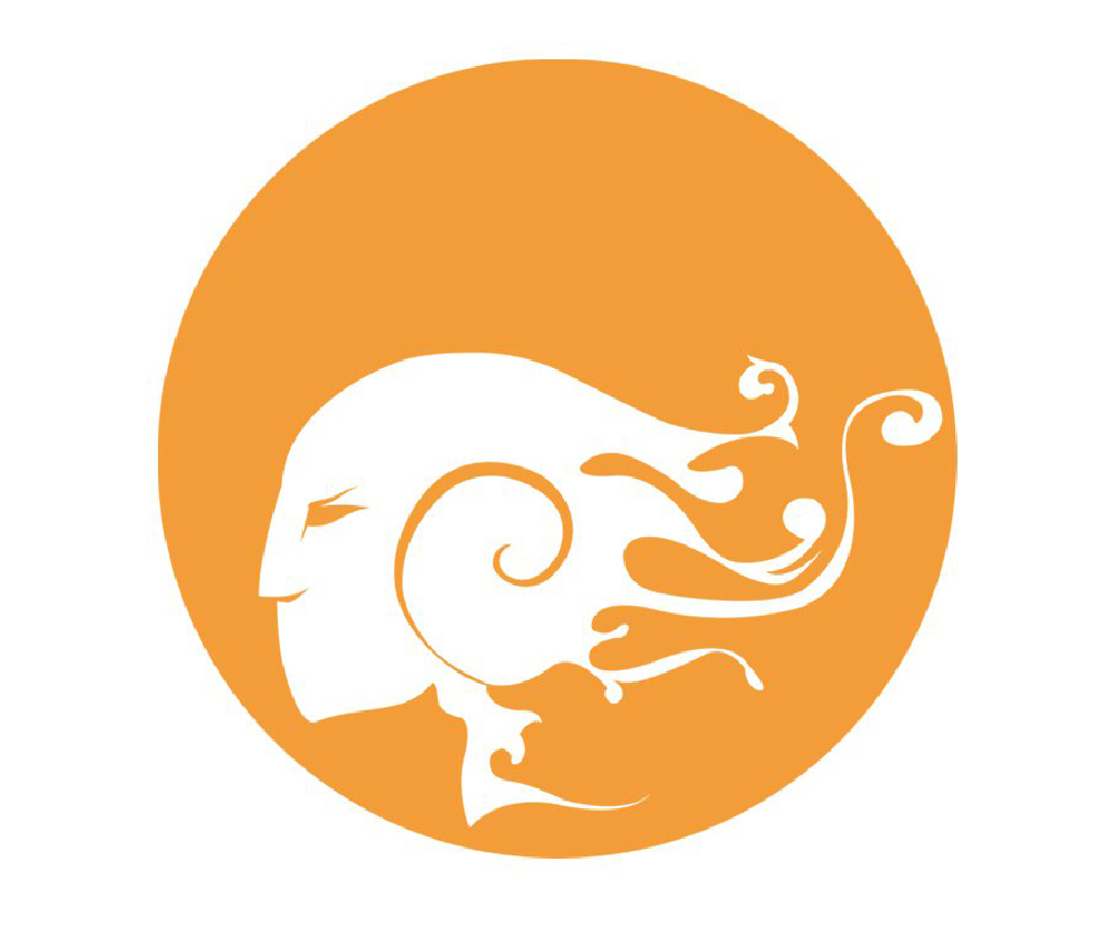 Logo astratto arancione con profilo stilizzato di volto e capelli disegnato in bianco, in uno stile artistico e fluido.