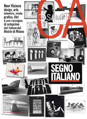 Copertina magazine design e arte, anteprime dal Salone del Mobile di Milano, collage immagini e testi creativi.
