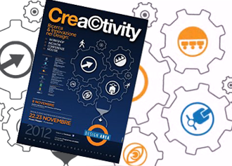 Poster di un evento chiamato Creactivity sul design e l'innovazione, con ingranaggi e icone creative sullo sfondo.
