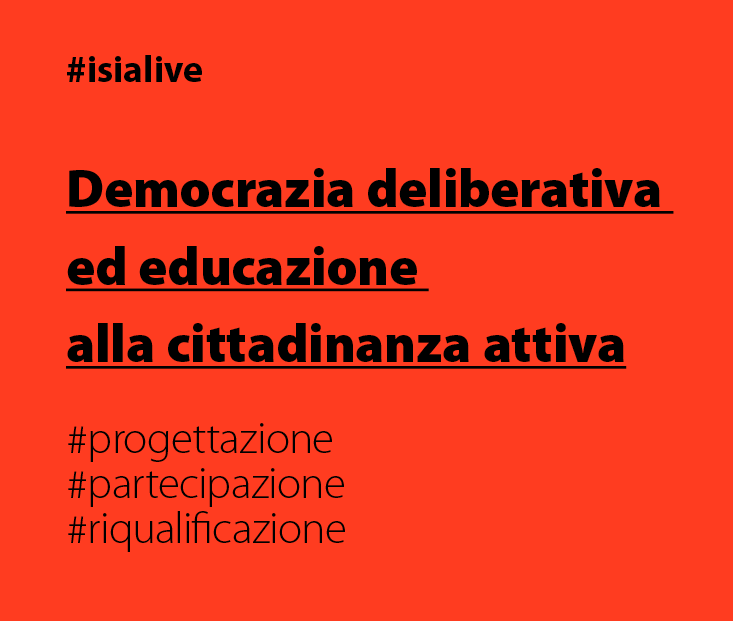 Banner arancione con testo: Democrazia deliberativa e educazione alla cittadinanza attiva e hashtag correlati.