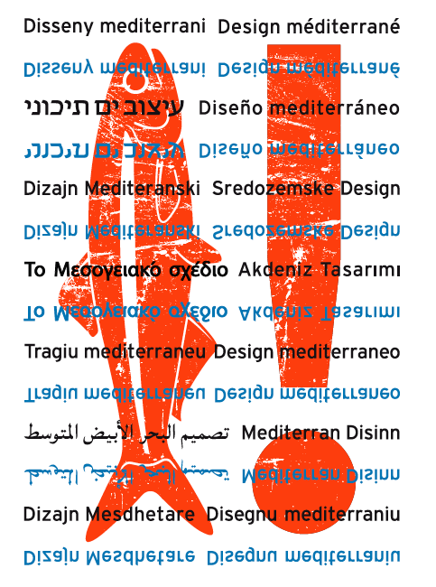 Testo multilingue Design mediterraneo con illustrazione stilizzata di pesce arancione e punto esclamativo.
