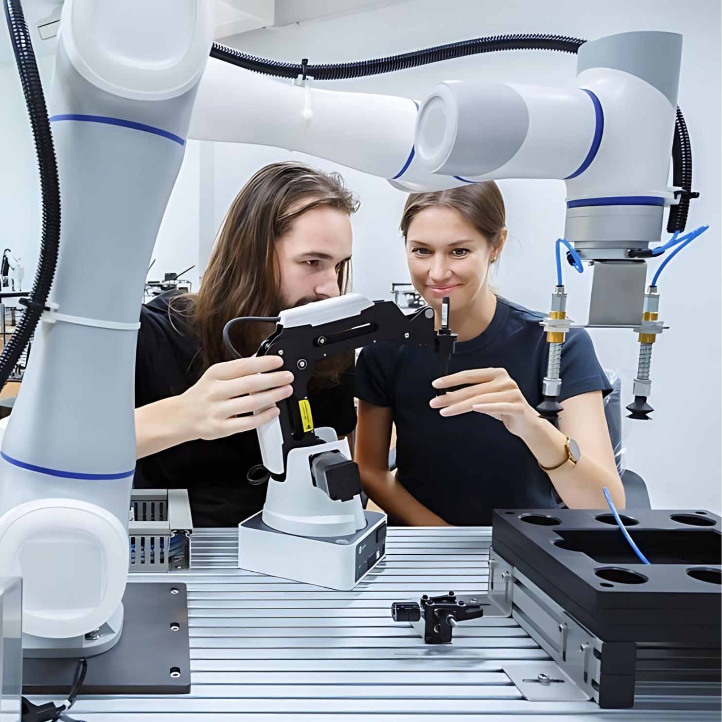 Due persone lavorano con un braccio robotico in un laboratorio high-tech, concentrandosi sulla precisione dei componenti.