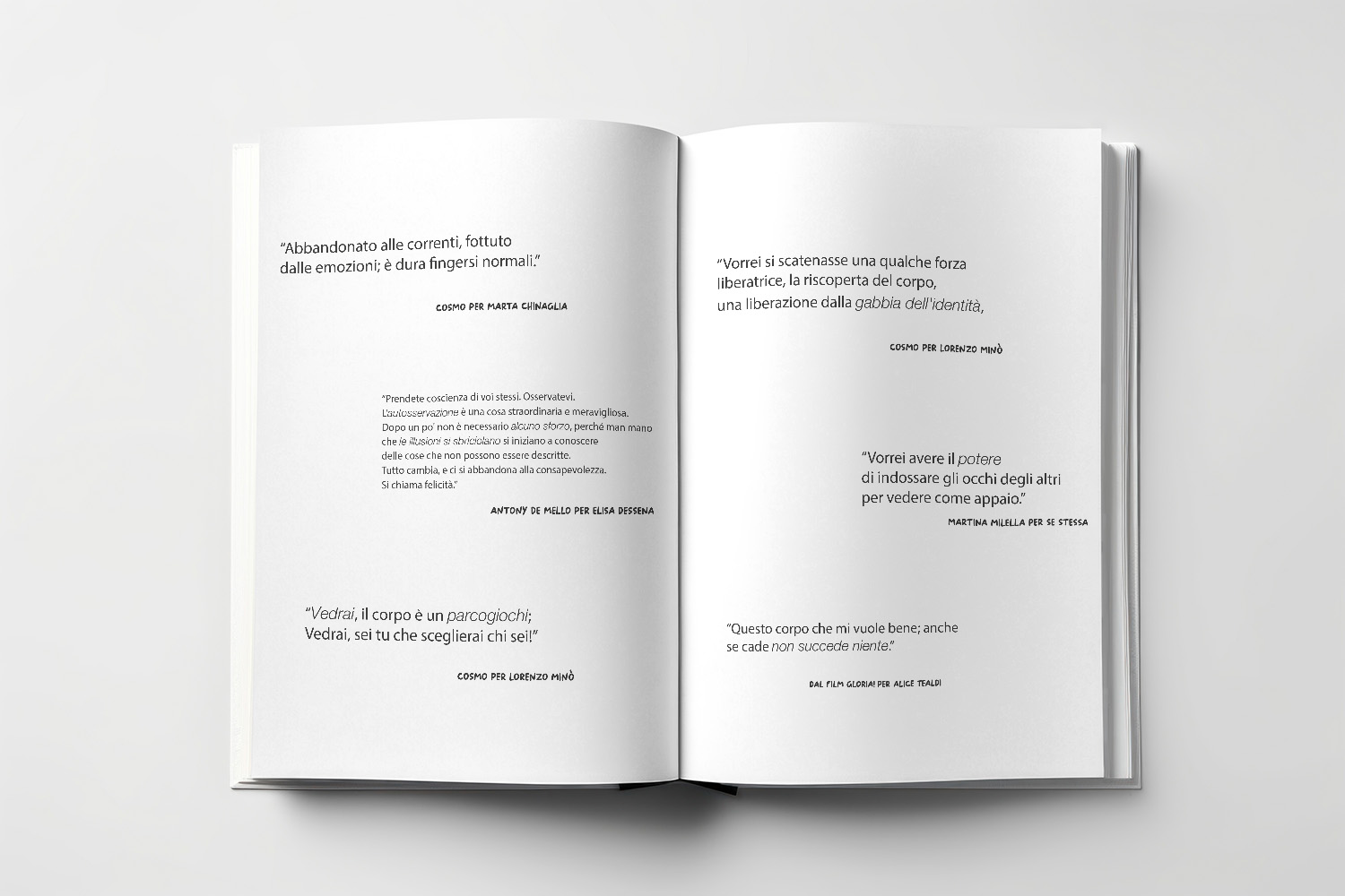 Pagine di un libro aperto con citazioni motivazionali in italiano su consapevolezza e corpo. Sfondo bianco e testo nero.