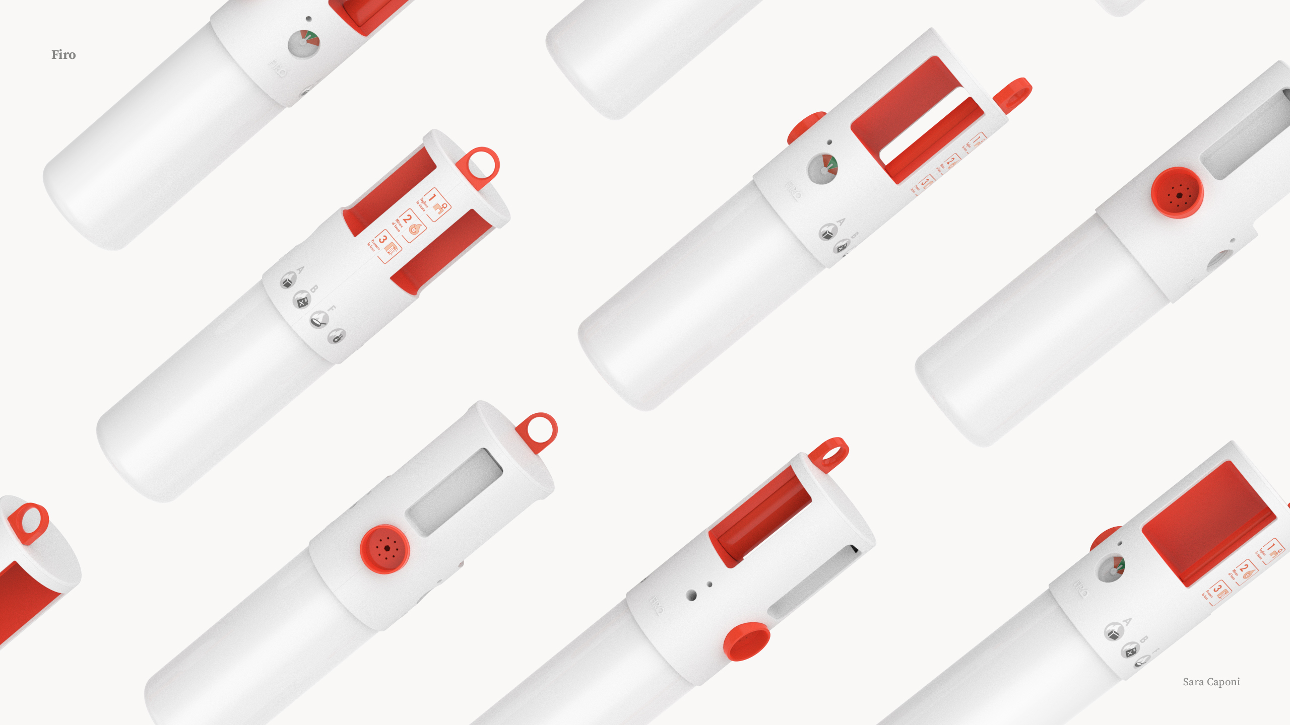 Dispositivi bianchi e rossi con design moderno su sfondo bianco.