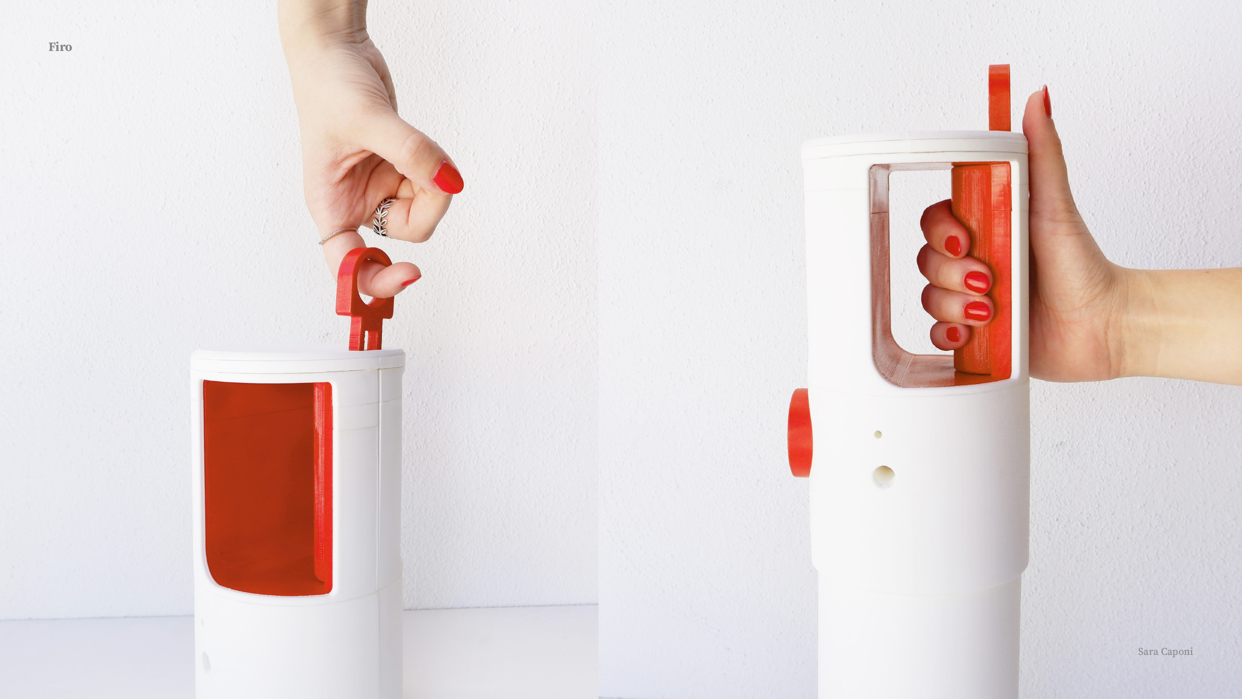 Donna con smalto rosso maneggia dispositivo bianco e rosso, evidenziando uso funzionale delle mani.