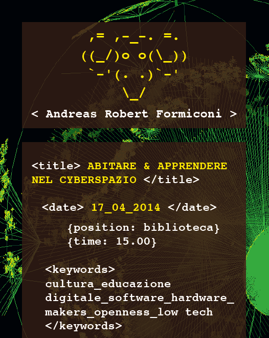 Testo su evento Abitare & Apprendere nel Cyberspazio di Andreas Robert Formiconi, 17 aprile 2014, alle 15:00.