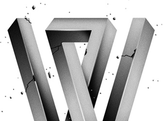 Illusione ottica di un triangolo impossibile con effetto 3D, superficie grigia e screpolata.