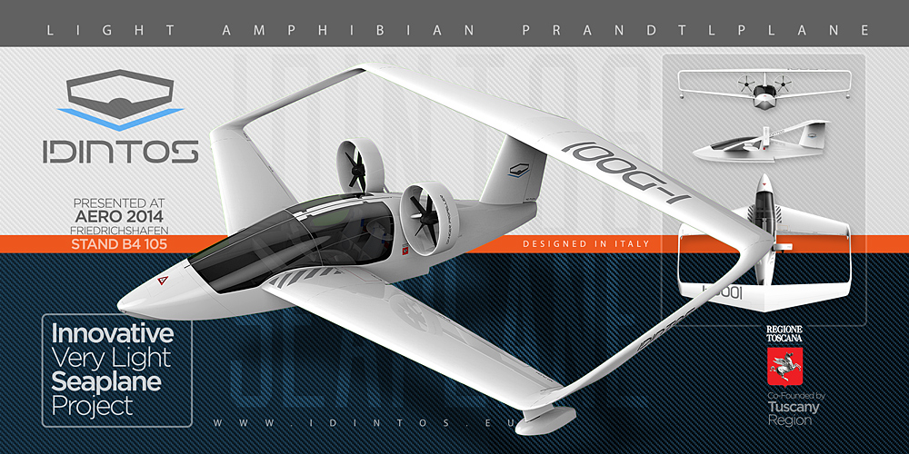 Innovativo progetto di idrovolante leggero italiano presentato all'AERO 2014 da IDINTOS, design aerodinamico avanzato.