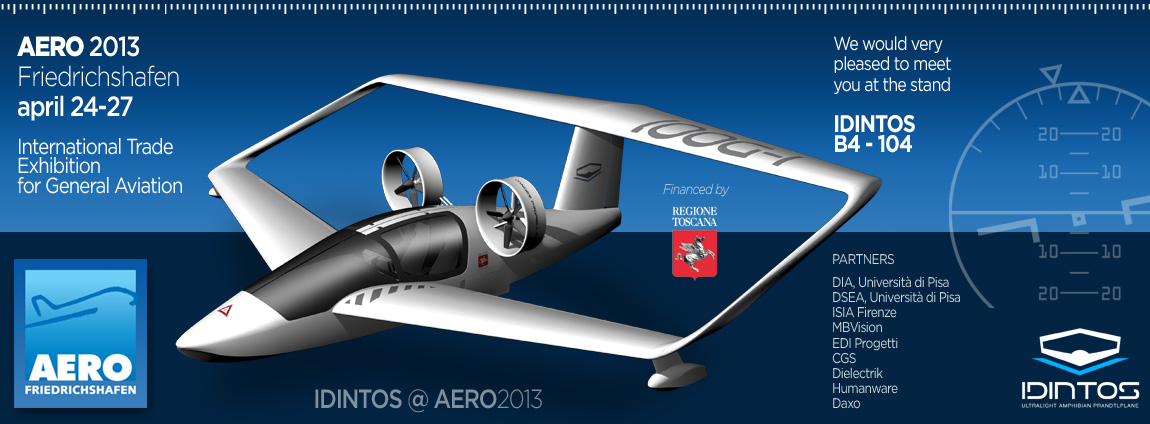 Prototipo di aereo ultraleggero IDINTOS presentato all'AERO 2013 Friedrichshafen, promozione evento aeronautico.