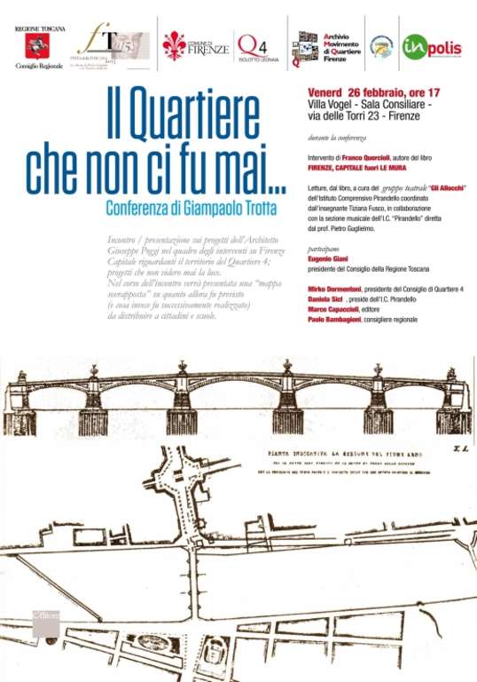 Locandina evento Il Quartiere che non ci fu mai a Firenze con disegno architettonico e dettagli conferenza.