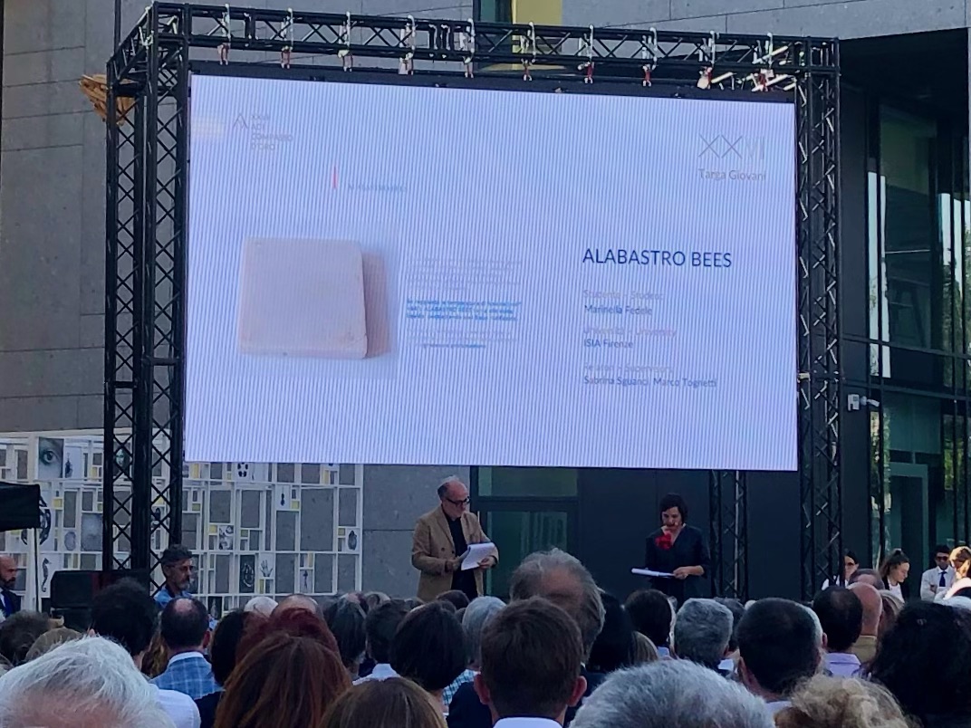 Evento all'aperto con schermo gigante che mostra ALABASTRO BEES, davanti a una folla attenta.