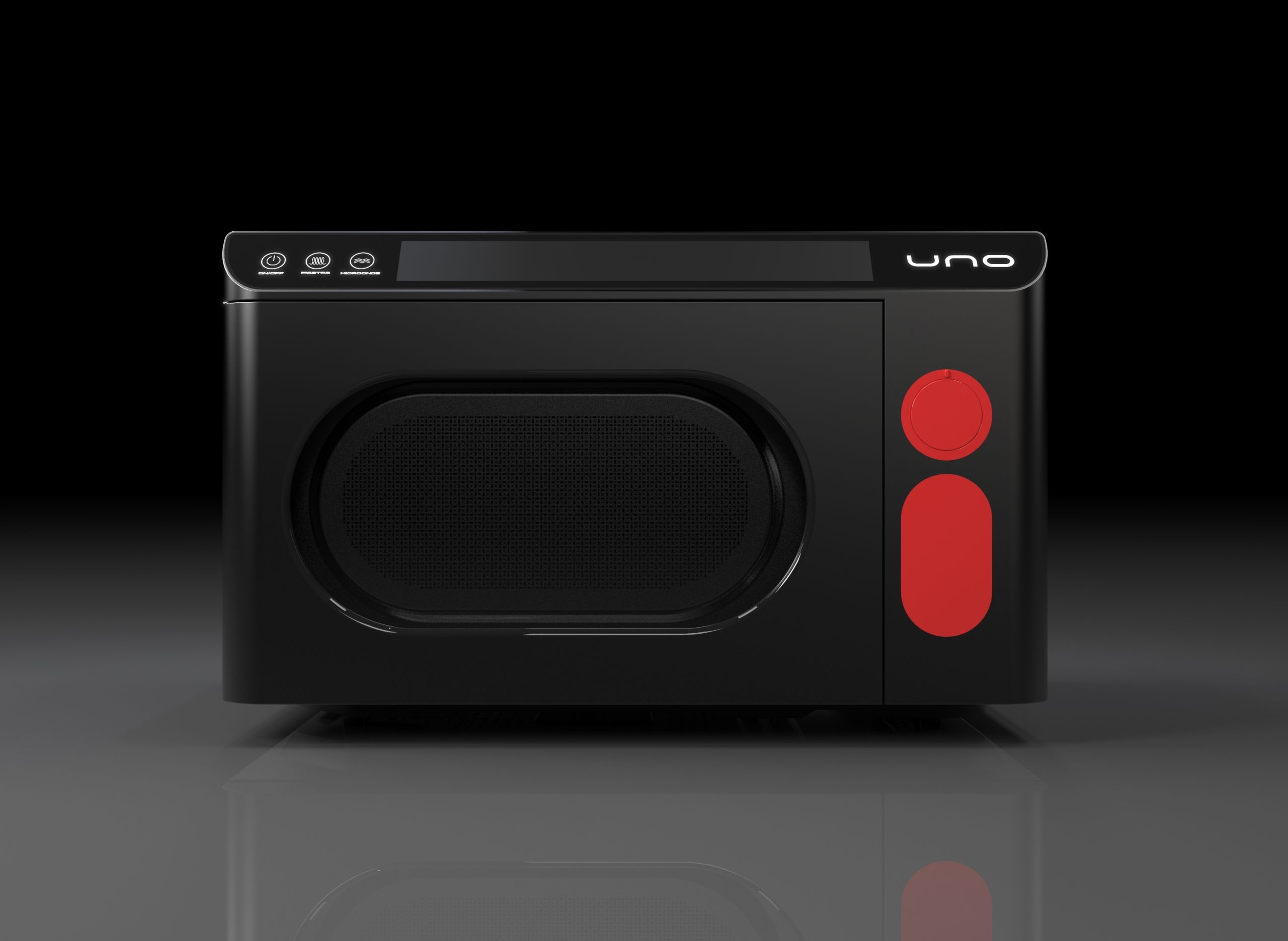 Forno a microonde nero e rosso su sfondo nero, design moderno e elegante con pulsanti minimalisti.